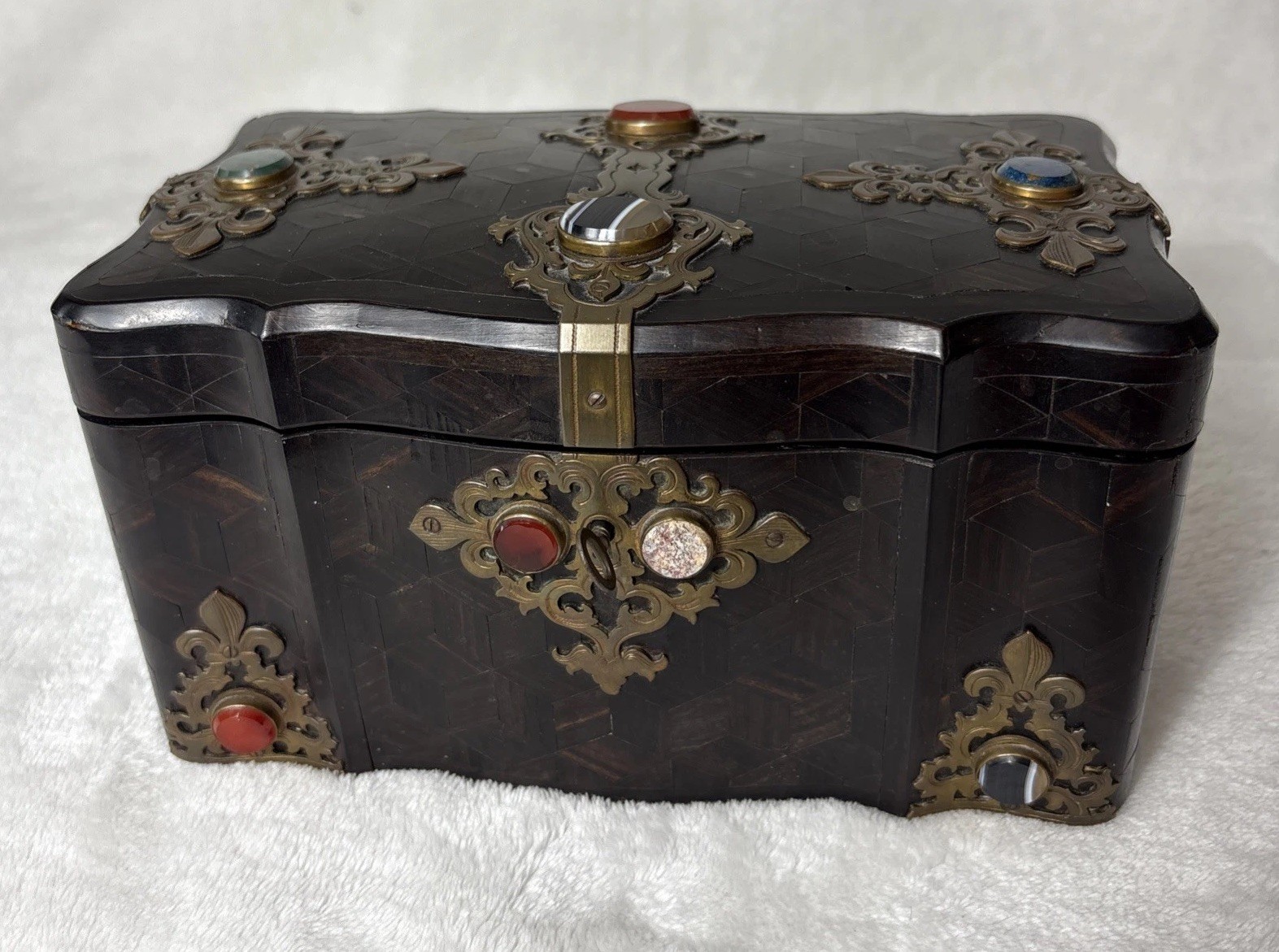 Antique 19th Century Napoleon III French Tea Caddy Box Wood Stone Brass
