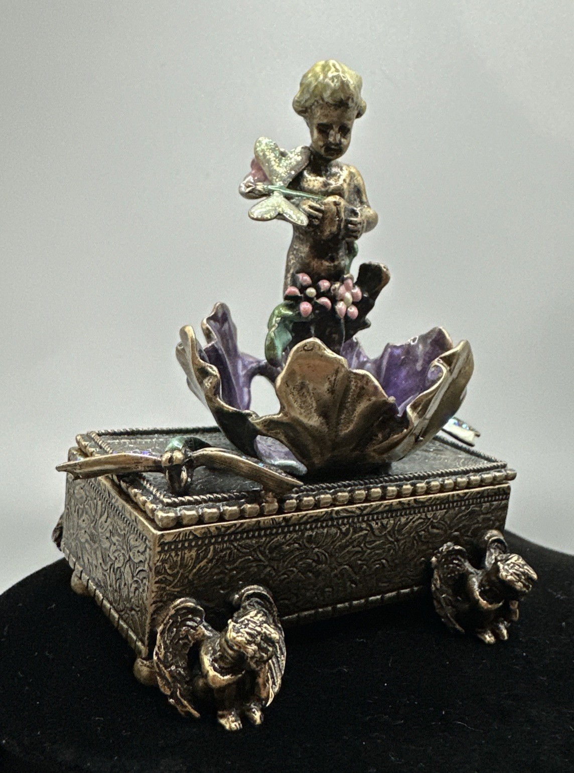 Kirks Folly Cherub Dragonfly Bronze-Tone Purple Enameled Rhinestone Trinket Box Kirks Folly Cherub Dragonfly Bronze-Tone Purple Enameled Rhinestone Trinket Box