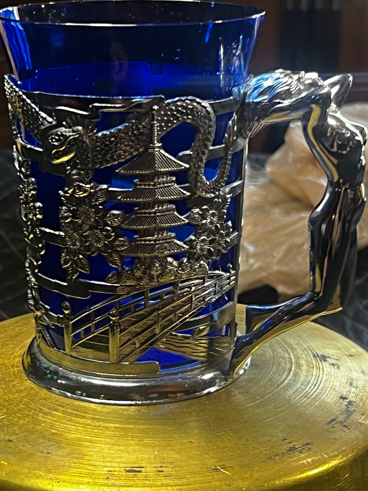 Vintage Cobalt Blue Glass Tankard Nude Lady Handle Dragon Pagoda Mug Vintage Cobalt Blue Glass Tankard Nude Lady Handle Dragon Pagoda Mug