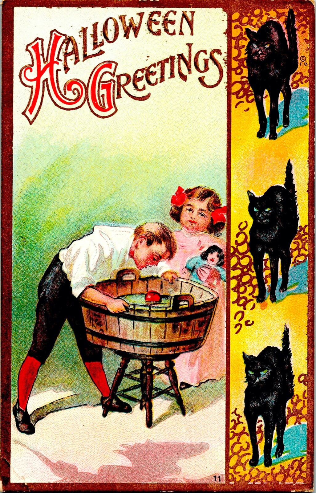 1910's Florence Bamberger Vintage Halloween Postcard  Black Cats and Children 