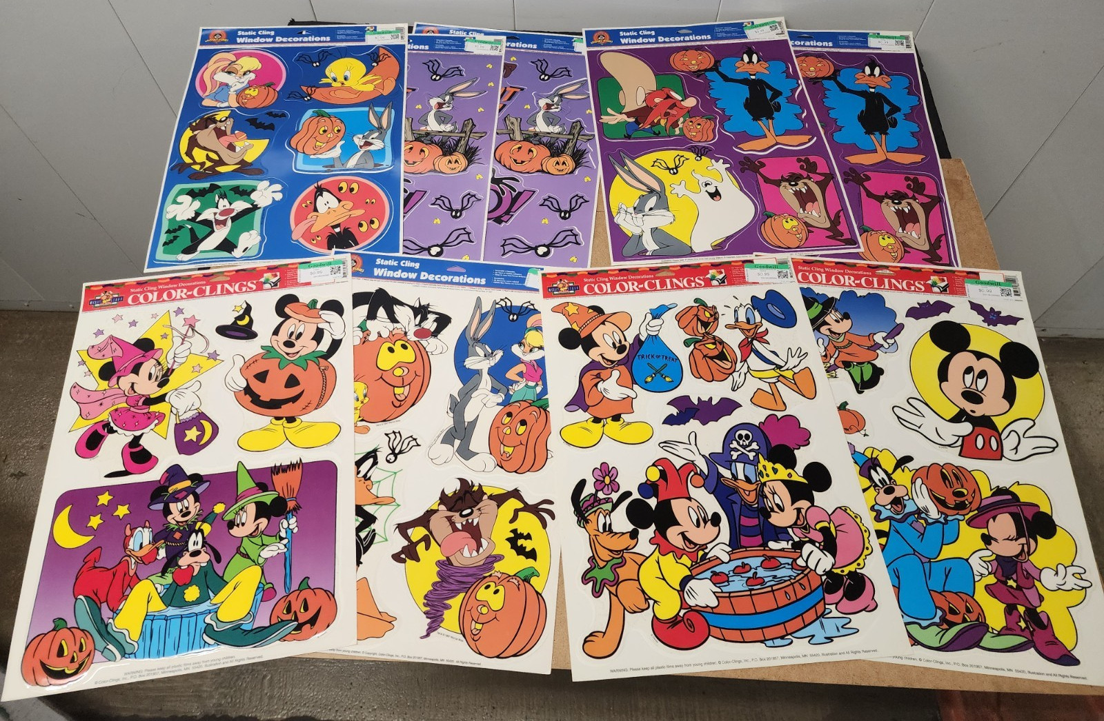 9 New NOS Halloween Disney Mickey Mouse Goofy Minnie Color Clings Window Decals