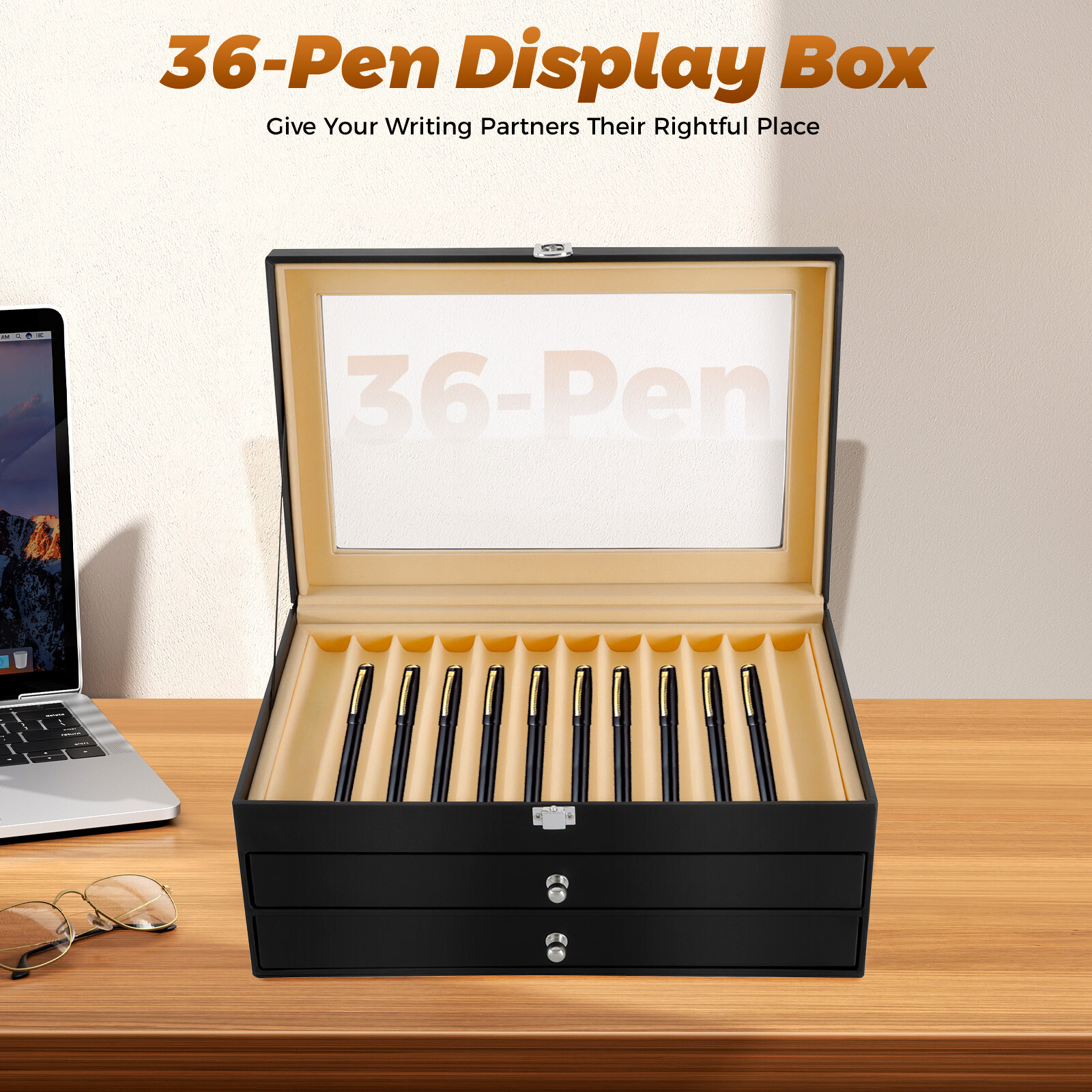 36‑Slot Black PU Pen Display Box,Glass Lid Velvet Lining,for Pen Collect Storage
