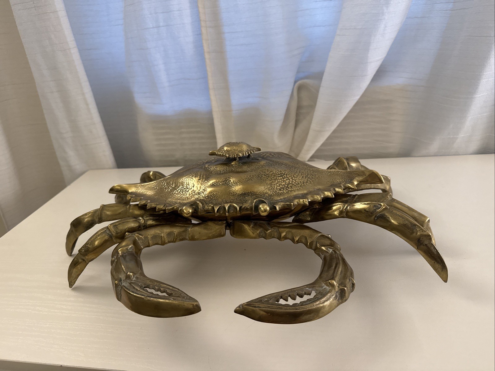 Vintage HUGE Brass Crab Trinket Box MCM Korea Crustacean Nautical Decor Rare
