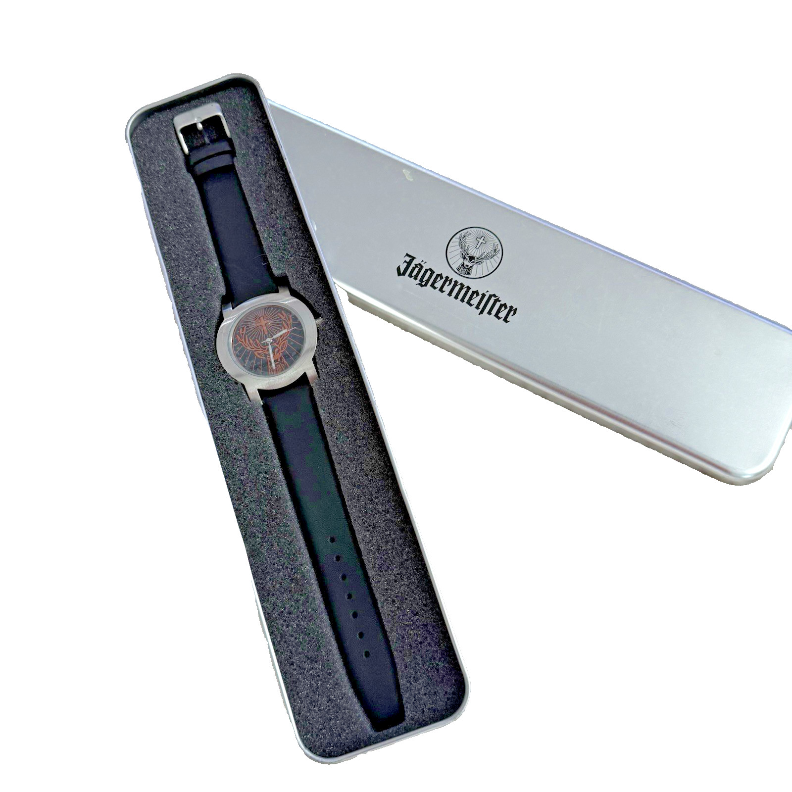 NEW Jägermeister Jager Stag Logo Watch Tin Leather Band Stainless Steel Works