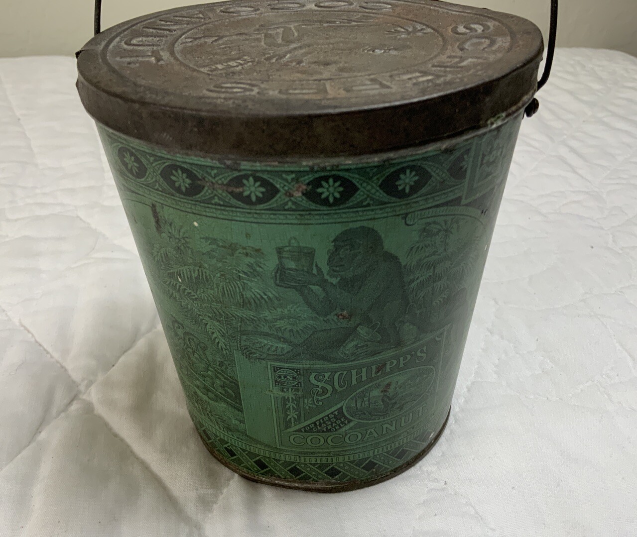 Antique Advertising Tin, Pail, Early 1900’s, Green, Schepp’s Cocoanut, Monkey