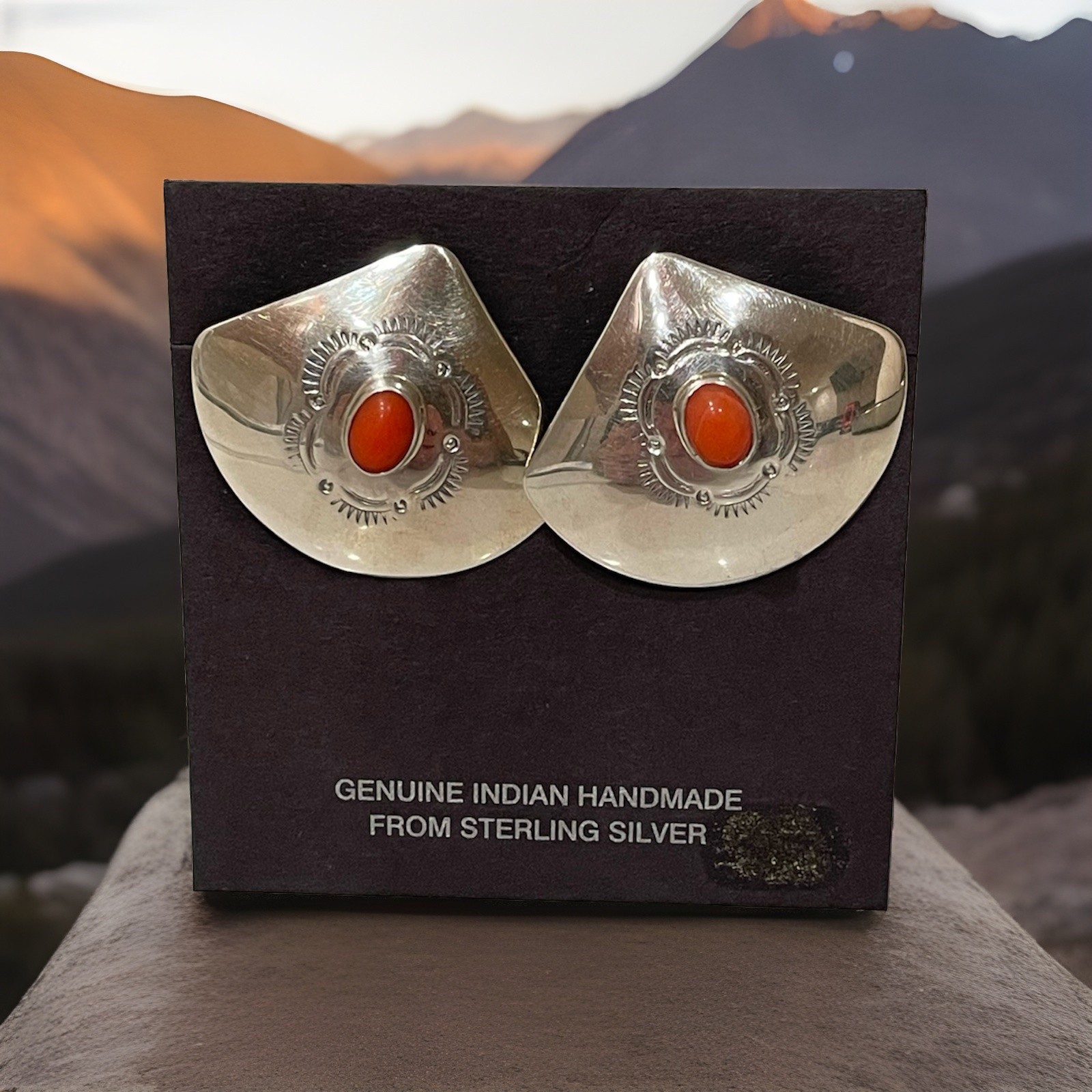 Vintage Navajo Sterling Silver Natural Red Coral Stamped Concho Earrings Signed Vintage Navajo Sterling Silver Natural Red Coral Stamped Concho Earrings Signed