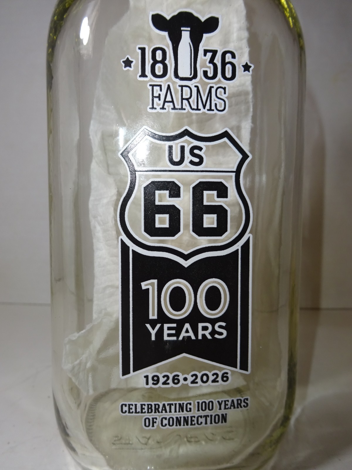 1836 Farms Route 66 100 Years Commemorative Glass Milk Bottle 1926–2026 1836 Farms Route 66 100 Years Commemorative Glass Milk Bottle 1926–2026