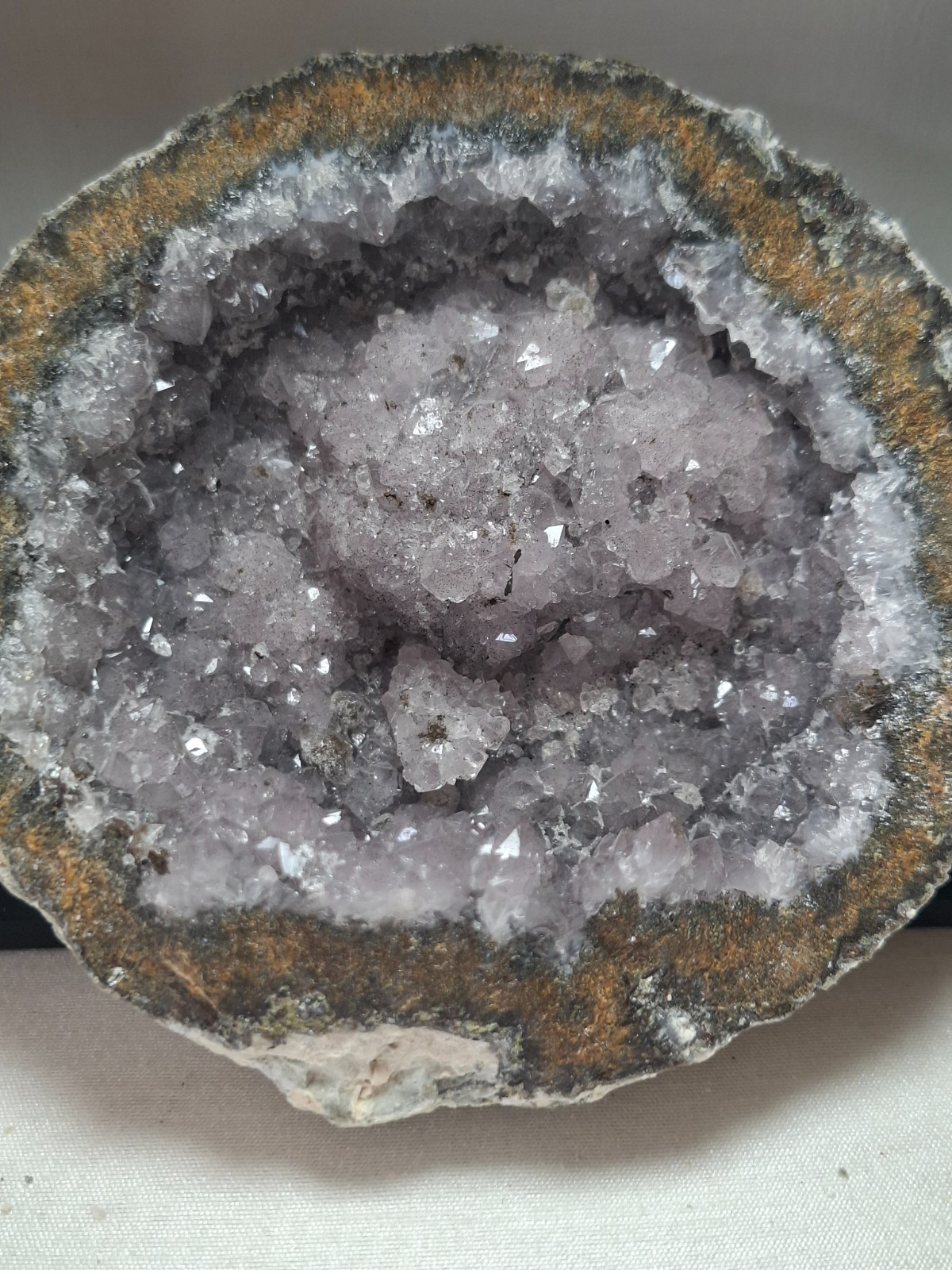 Rare Amethyst Geode  with  Yellow  Coconut Jasper shell and hematite speckles