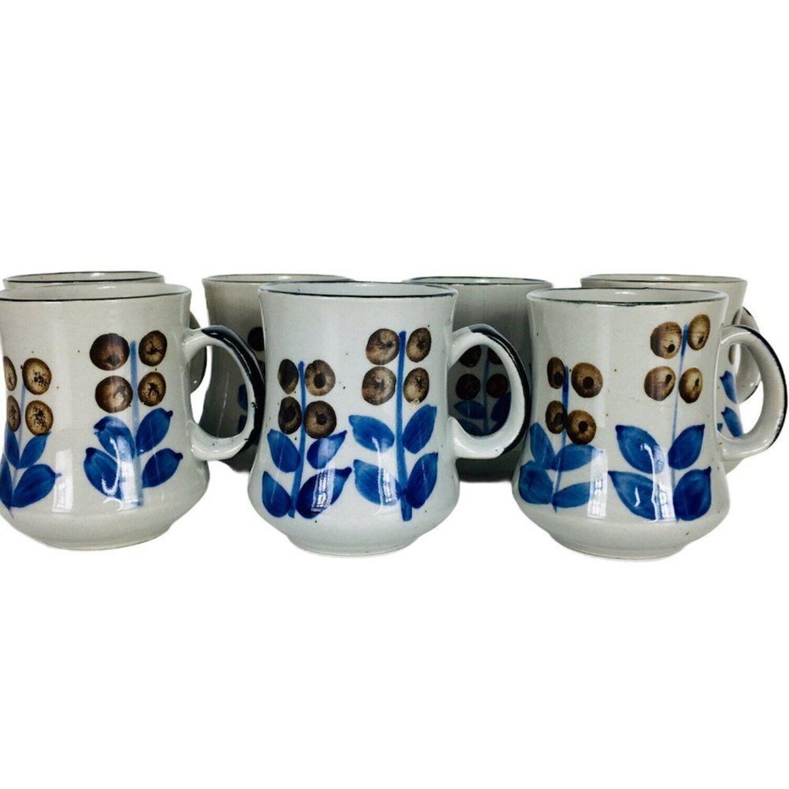 Vintage 70's Bohemian Floral Stoneware Coffee Tea Mugs Set of Seven COTC