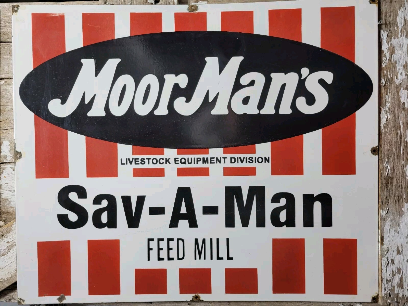 VINTAGE MOOR MANS PORCELAIN SIGN OLD FARM SEED CHICKEN FEED MILL COW LIVESTOCK