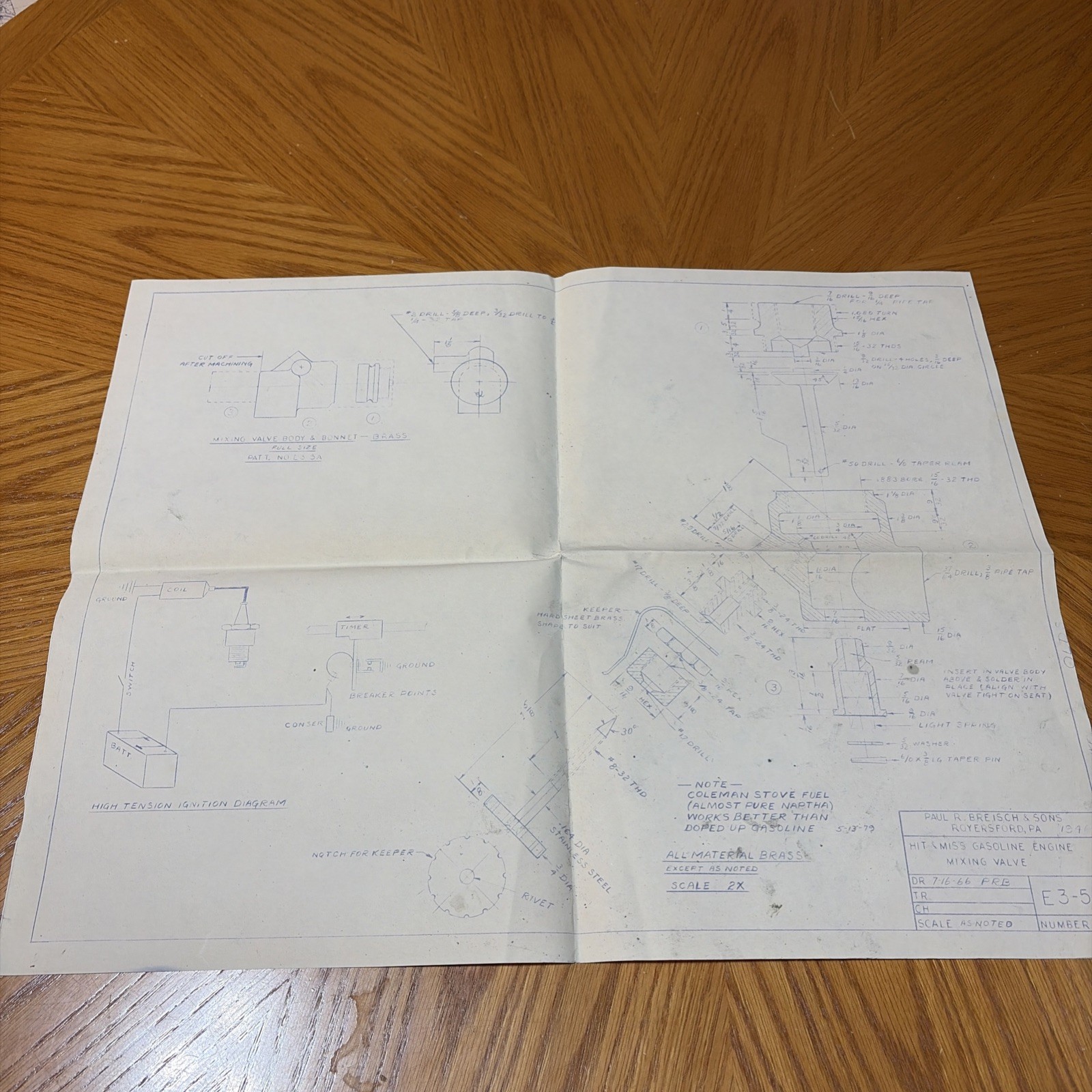 Vintage Hit & Miss Gasoline Engine Mixing Valve Blueprint Wall Art