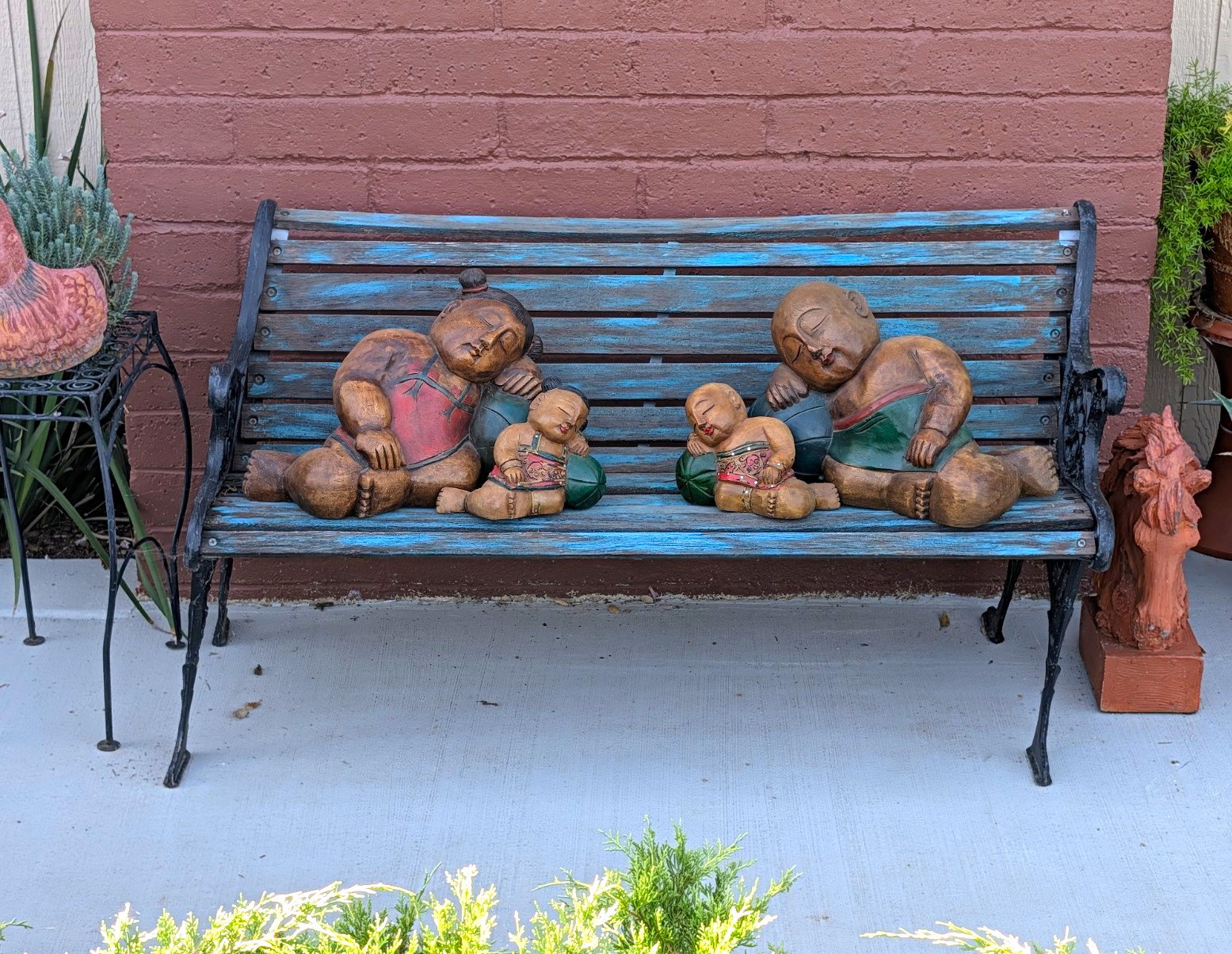 Vintage  4Pc Asian Hand Carved/painted Wood Sleeping Children Family Statue Set 