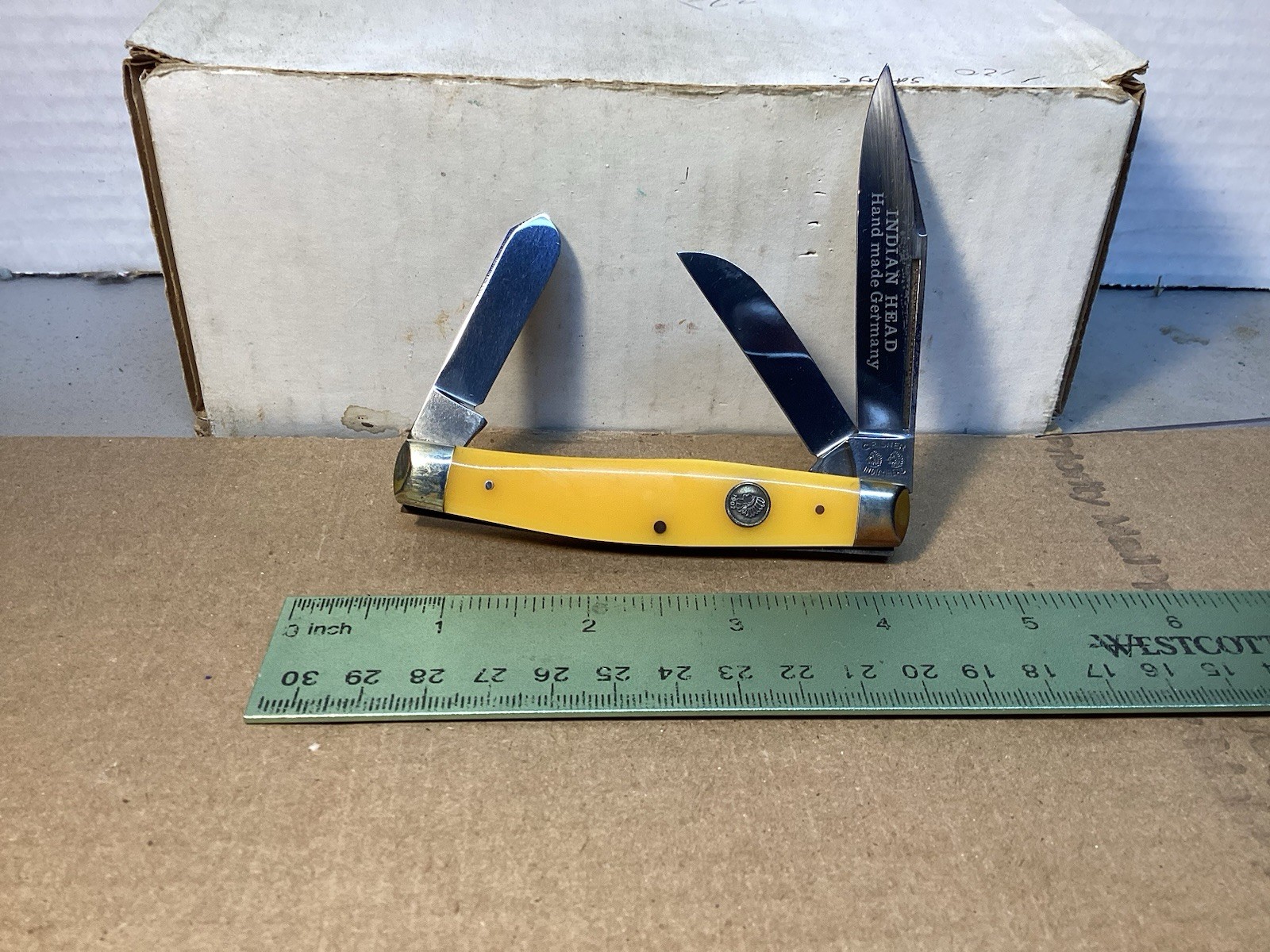 Vintage C. Risner Germany Indian Head Stockman Yellow Pocket Knife Vintage C. Risner Germany Indian Head Stockman Yellow Pocket Knife