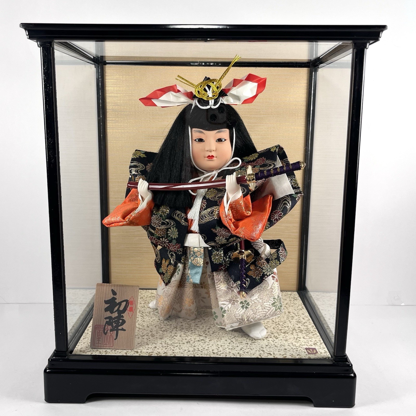 Japanese Samurai Boy Doll Gogatsu Ningyo (May Doll) “First Battle” In Glass Case Japanese Samurai Boy Doll Gogatsu Ningyo (May Doll) “First Battle” In Glass Case