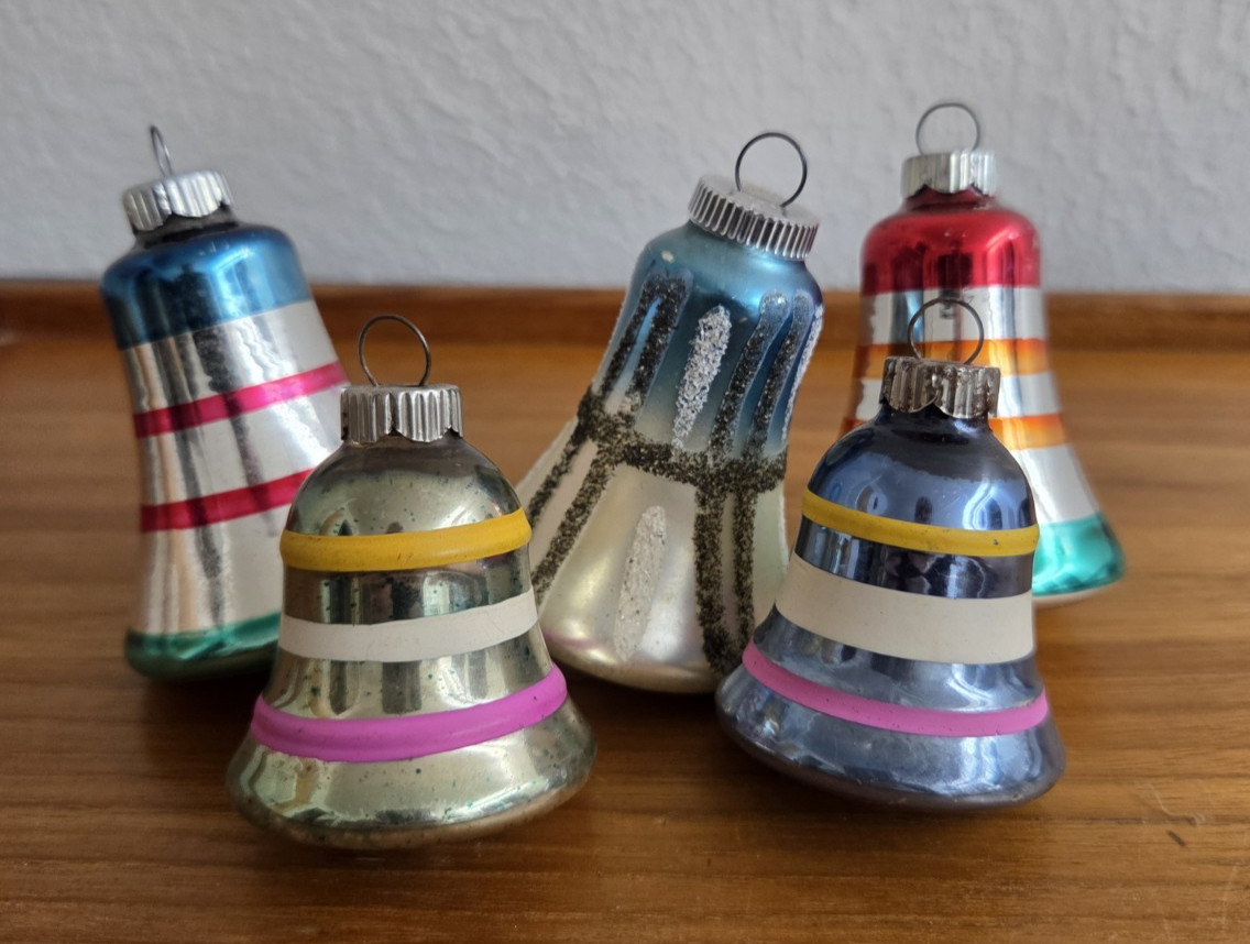 Vtg Shiny Brite Bell Ornaments USA West Germany lot 5 Bells Stripes Xmas Glass