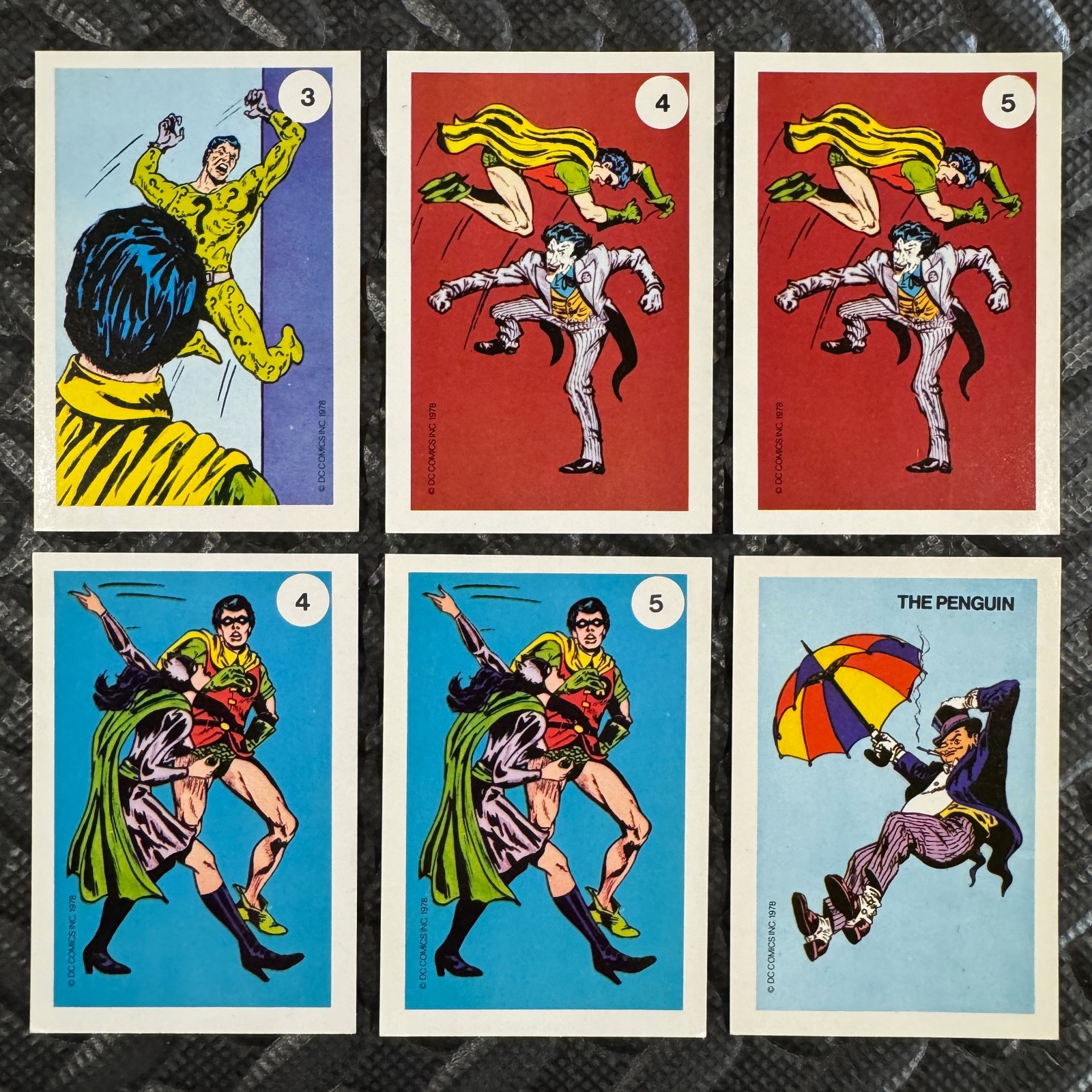 1978 BATMAN BRITISH TRADING CARD LOT OF 6 WHITMAN JOKER,RIDDLER,PENGUIN,ROBIN NM 1978 BATMAN BRITISH TRADING CARD LOT OF 6 WHITMAN JOKER,RIDDLER,PENGUIN,ROBIN NM