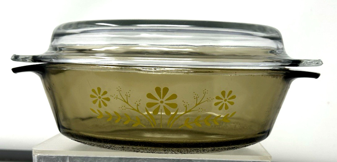 Vintage Glasbake Yellow Daisy Glass Smoked Amber Jeanette Oval Baking Dish & Lid