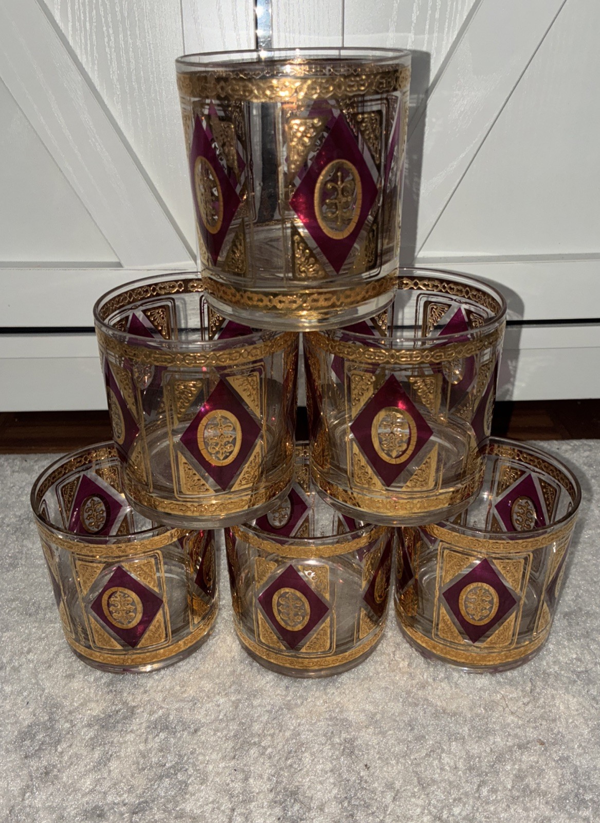 Vintage T Culver Royal Diamond Red Gold Old Fashioned Low Ball Tumbler Glasses |