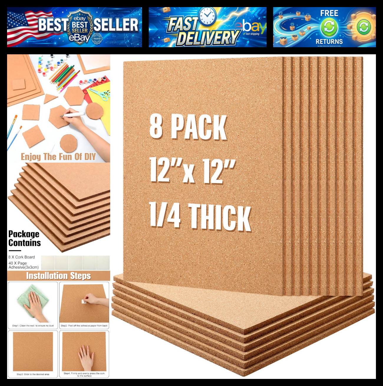 8 Pcs Cork Board Tiles, 12\