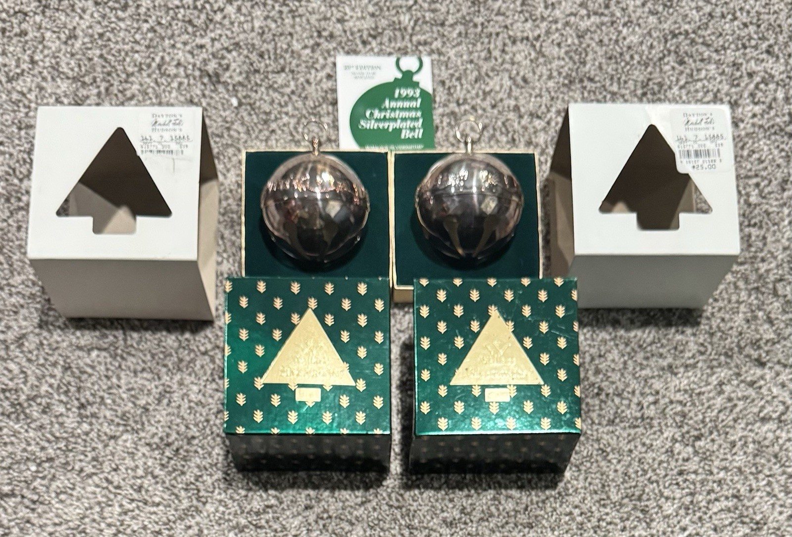 2 1993 Wallace Silversmith Annual Ornament SILVER Plated Christmas Sleigh Bell
