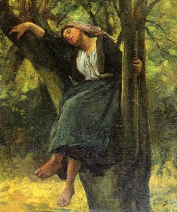 Oil painting Jules Adolphe Aime Louis Breton a sleep in the woods girl