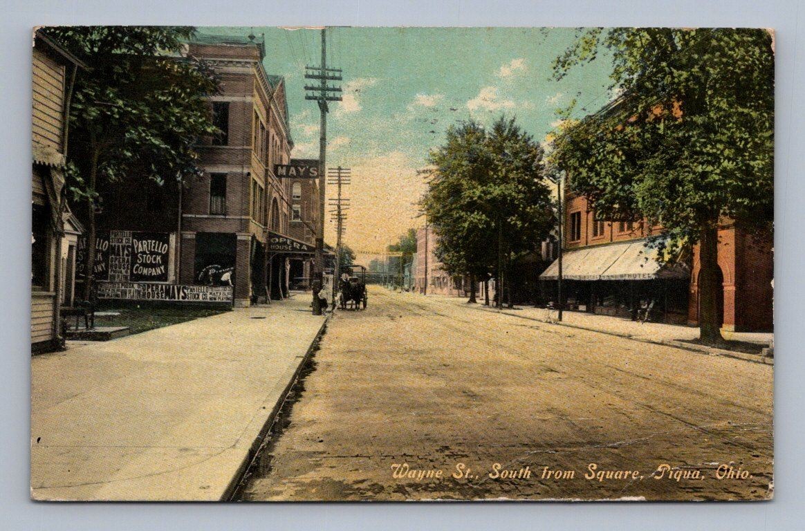 Antique Ohio Postcard PIQUA Wayne Street South from Square 1910s