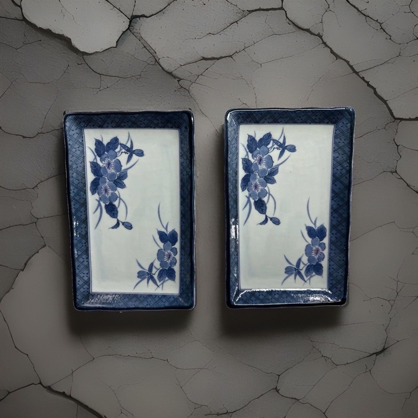 Vintage Japanese Blue & White Sushi Plates Rectangular Floral Set of 2