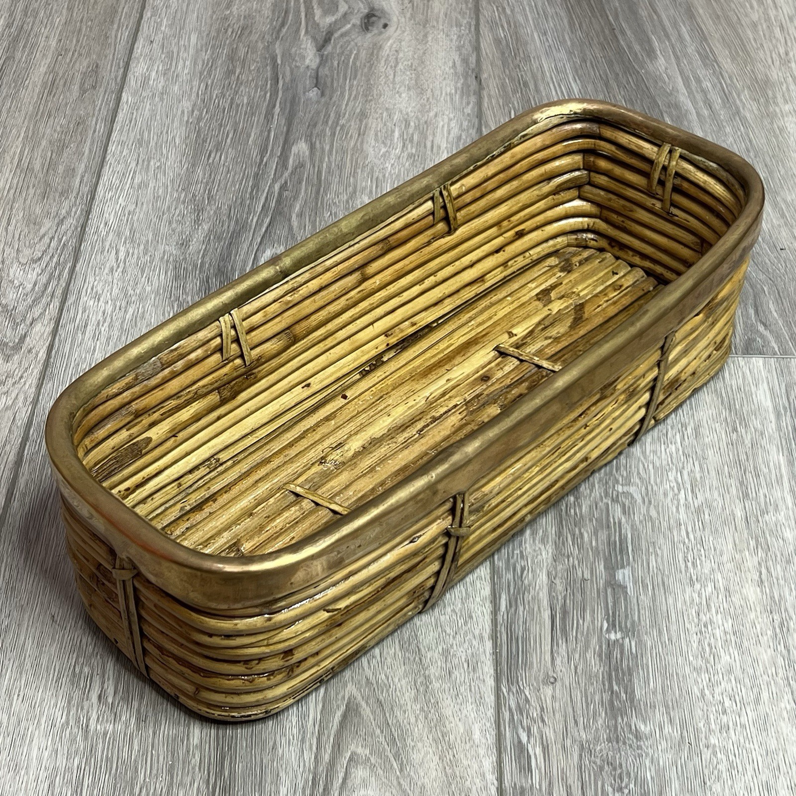 MCM Gabriella Crespi Style Pencil Reed Rattan Basket Rectangle Brass Trim 14x6x4 MCM Gabriella Crespi Style Pencil Reed Rattan Basket Rectangle Brass Trim 14x6x4