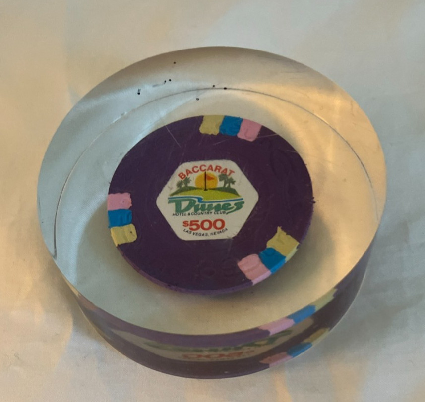 Vintage Dunes Purple Baccarat $500 Chip Encased in Lucite