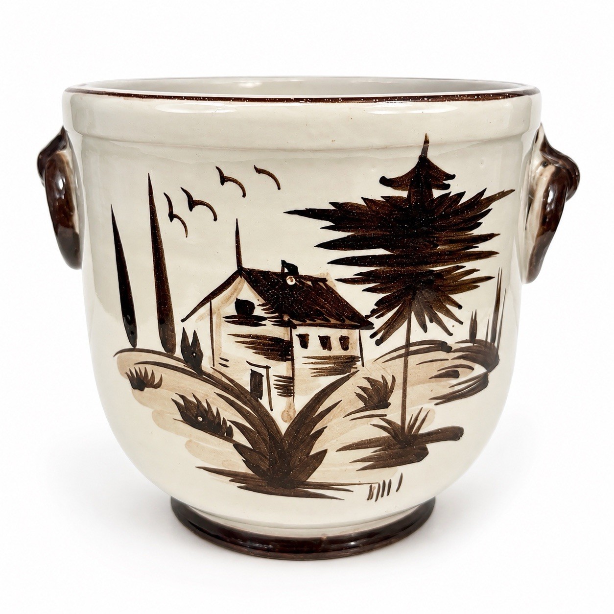 Vintage Hand Painted Ceramic Planter Cachepot Brown Scenic Double Handle