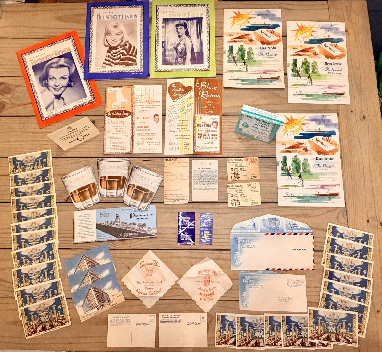 HUGE LOT VTG 1950s Roosevelt Hotel New Orleans Sazerac Blue Room Menus Programs