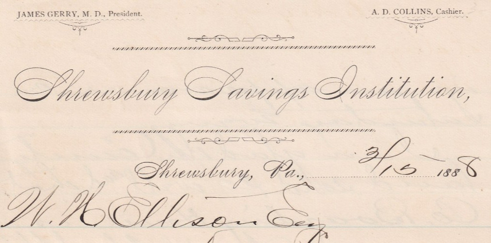 1888 Great Blizzard Eyewitness Letter Shrewsbury PA Bank A.D. Collins