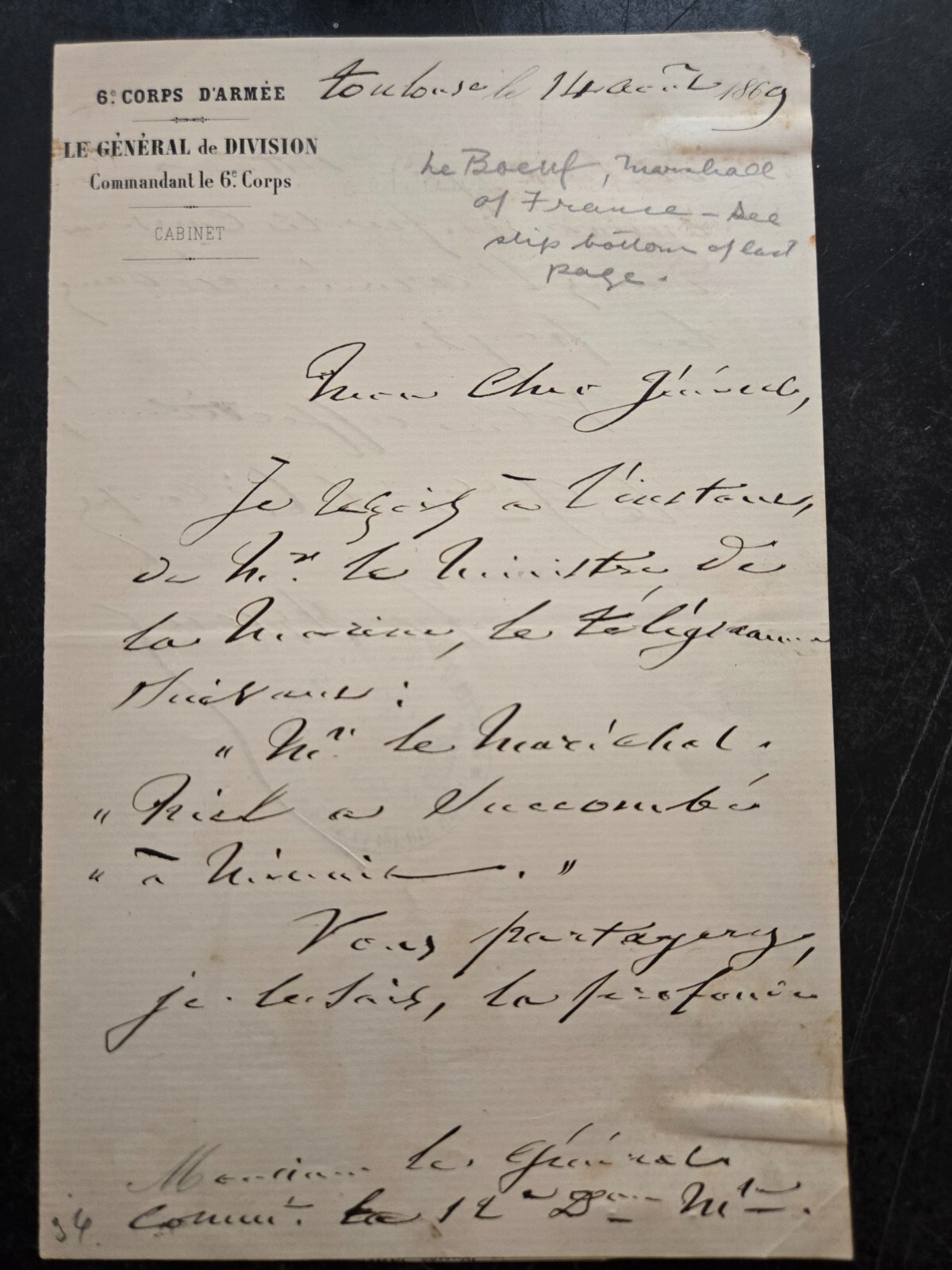 French General & Marshal Edmond LeBoeuf Signed Letter -  Signature- Autograph 