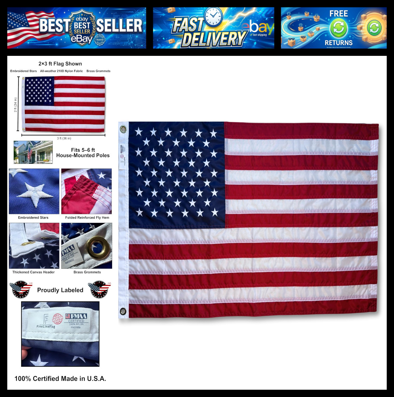 2x3 ft (24x36 in) Heavy-Duty American Flag – 100% Made in USA, FMAA Certified –