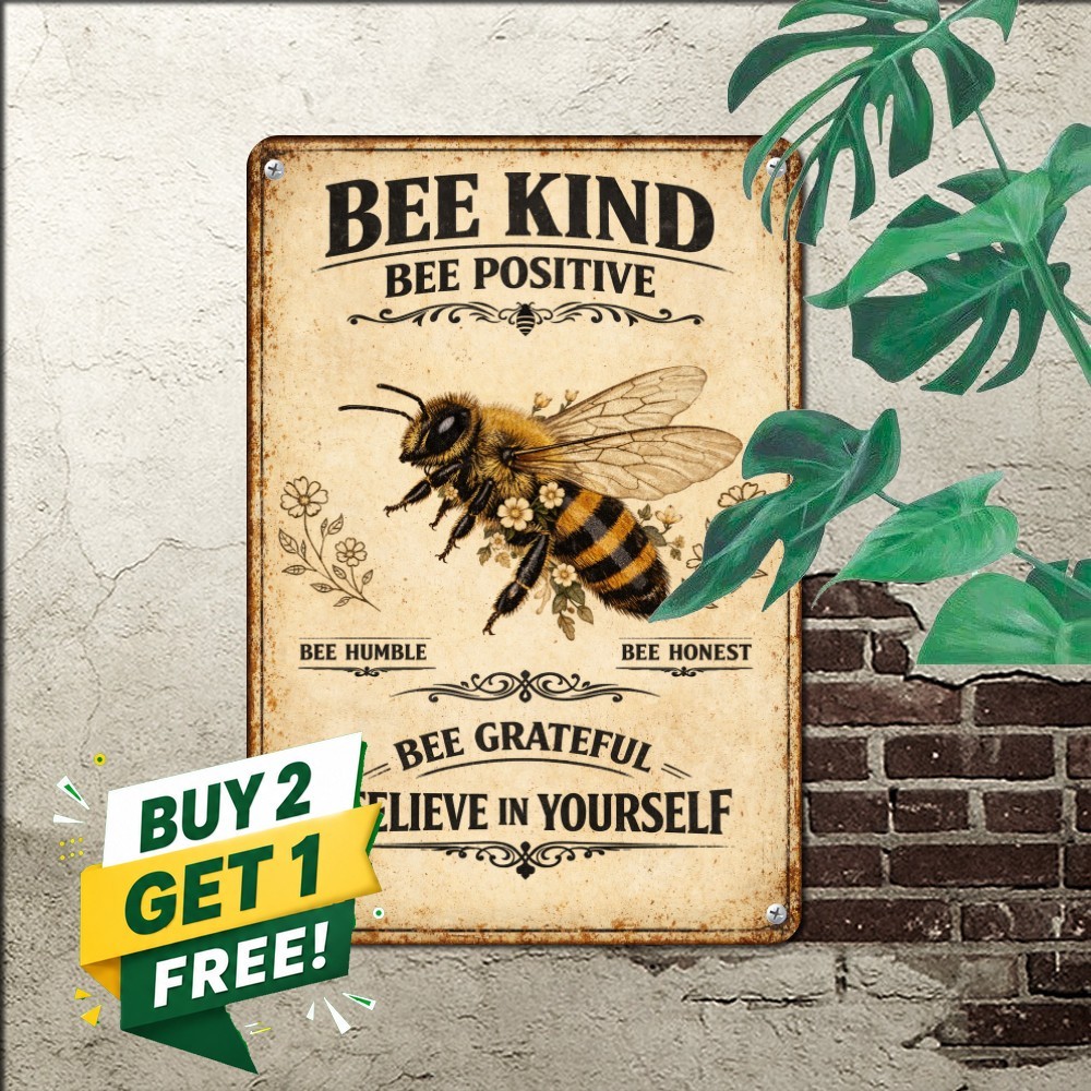 Bee Kind Bee Positive Honeybee Sign Rustic Farmhouse Nature Metal Plaque