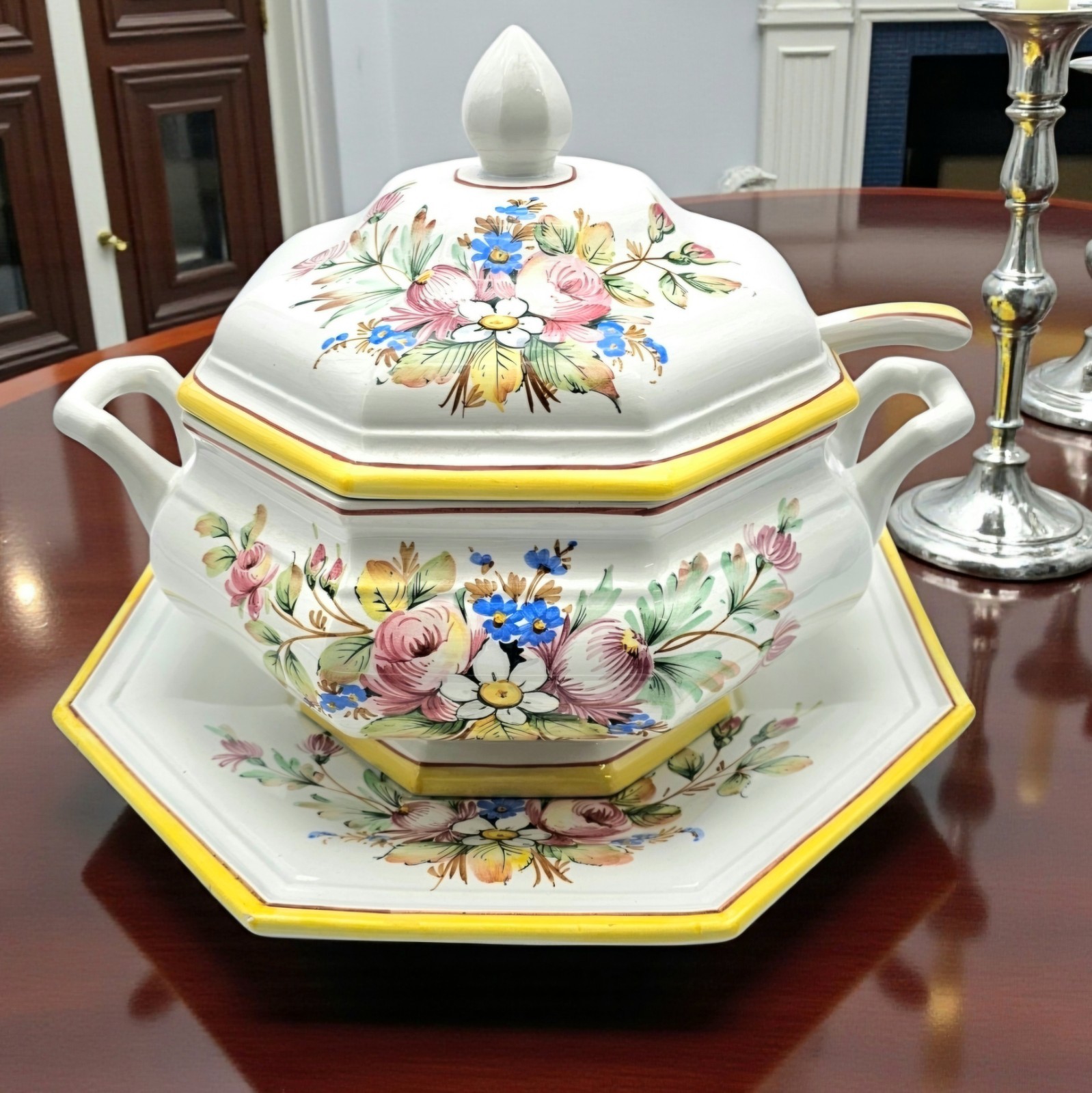VTG Italian Hand Painted Ceramic Soup Tureen Rare Set Lid Ladle Under Plate 12