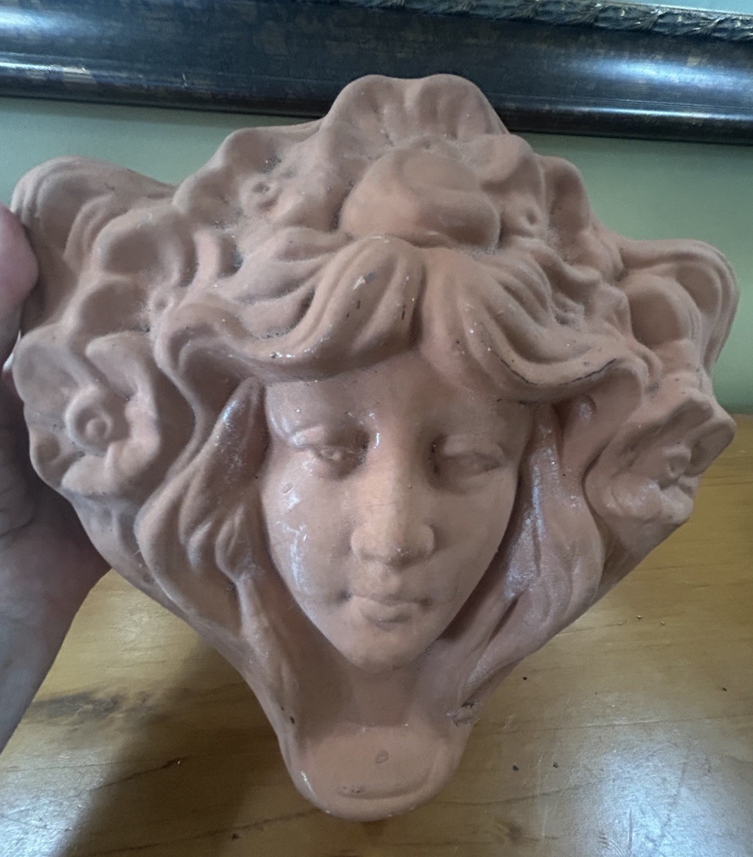 VTG Terra Cotta Wall Pocket Planter Maiden Floral Hair 10”H x9”W 