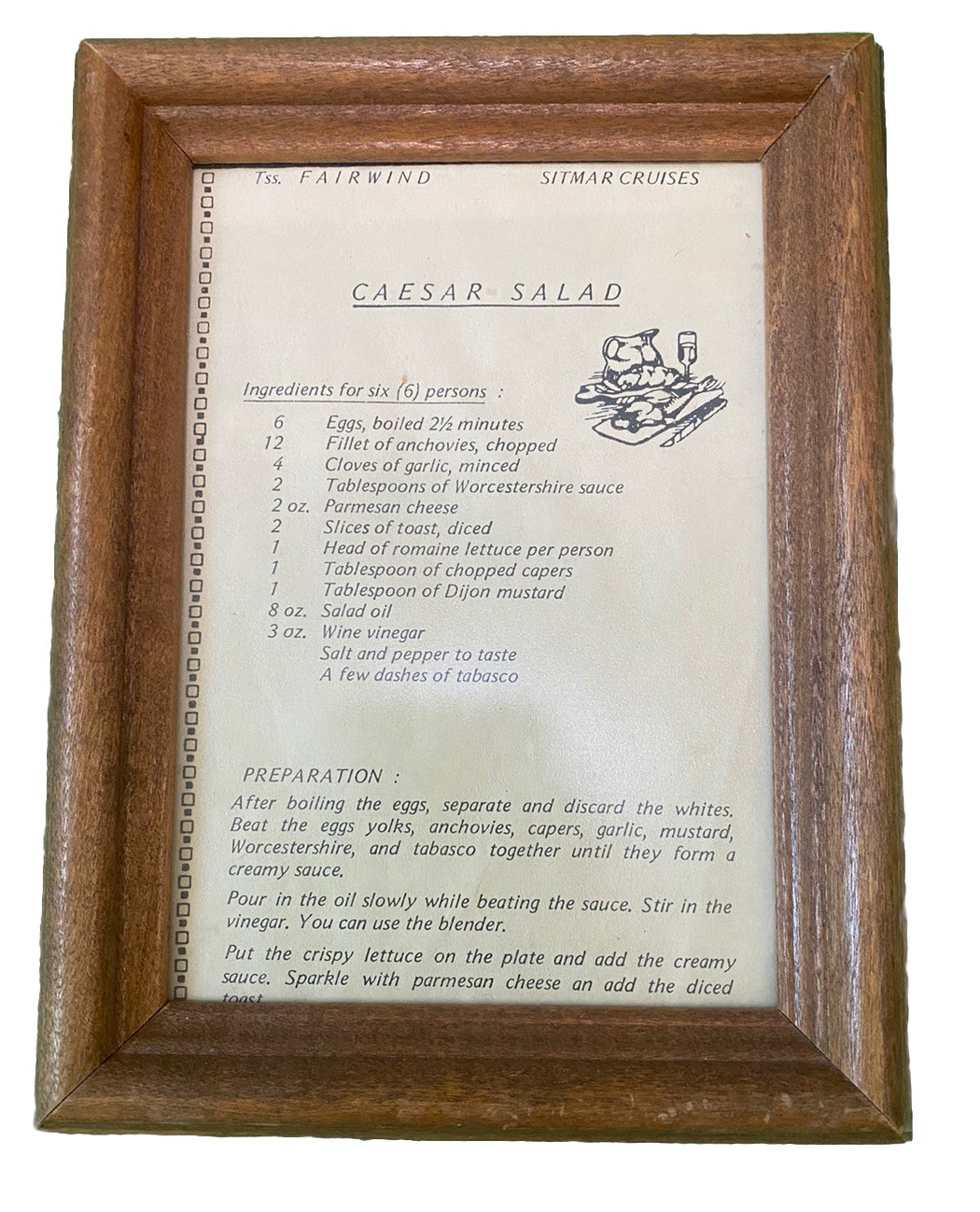 Vintage 1970s Sitmar Cruises TSS Fairwind Framed Caesar Salad Recipe ~6.5x9in Vintage 1970s Sitmar Cruises TSS Fairwind Framed Caesar Salad Recipe ~6.5x9in