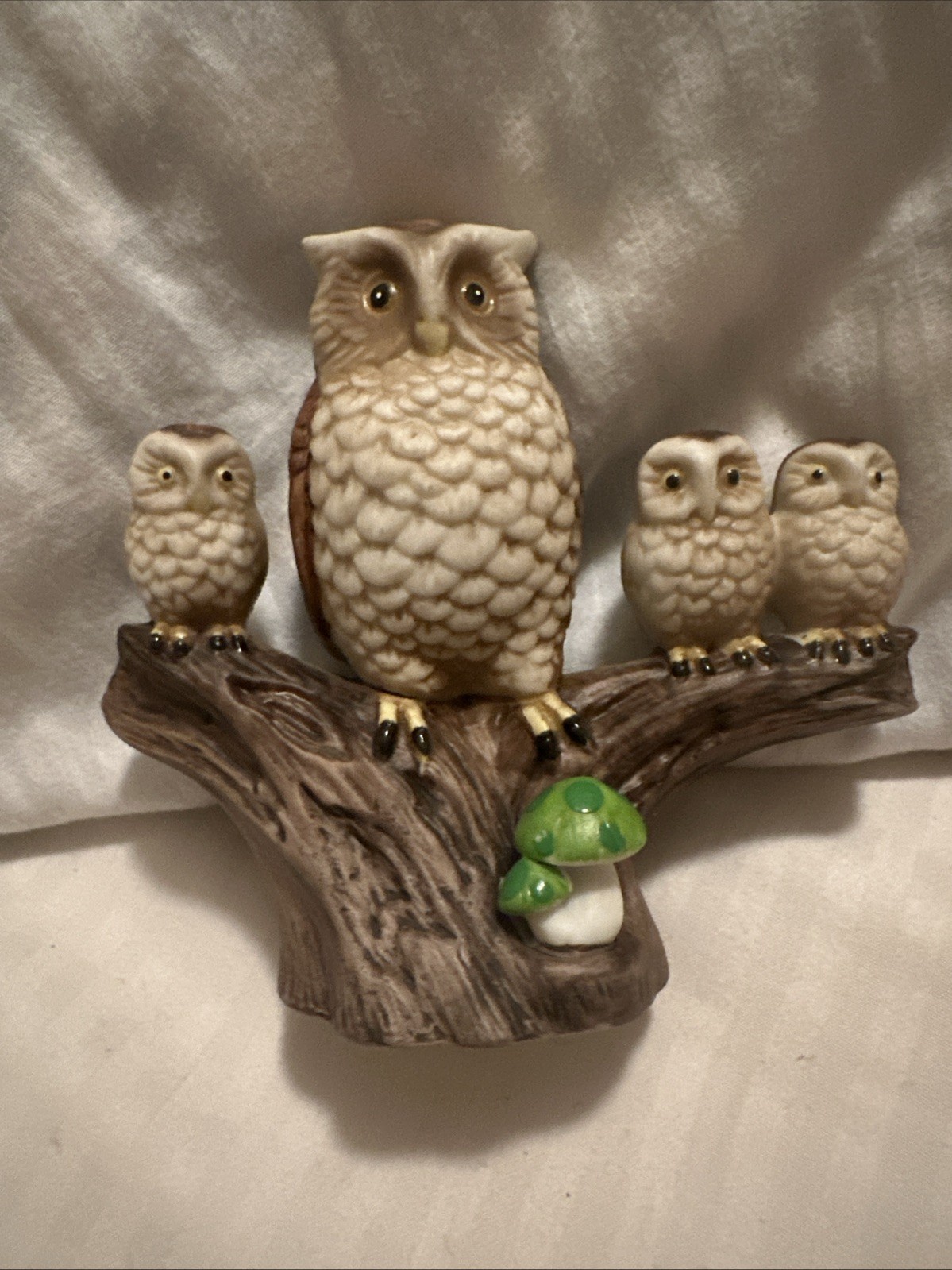 vintage Brinn's PGH Ceramic Owl Family Figurine (DA-602.3) On Branch W/ Mushroom