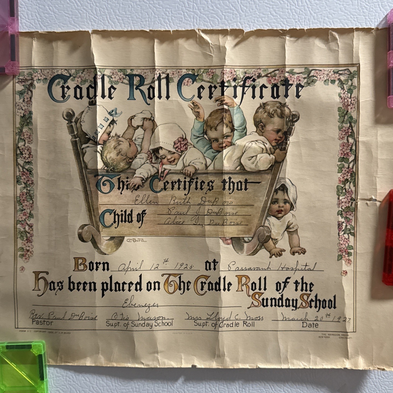 1927 Cradle Roll Certificate Sunday School Beautiful Art Work Decor Antique 