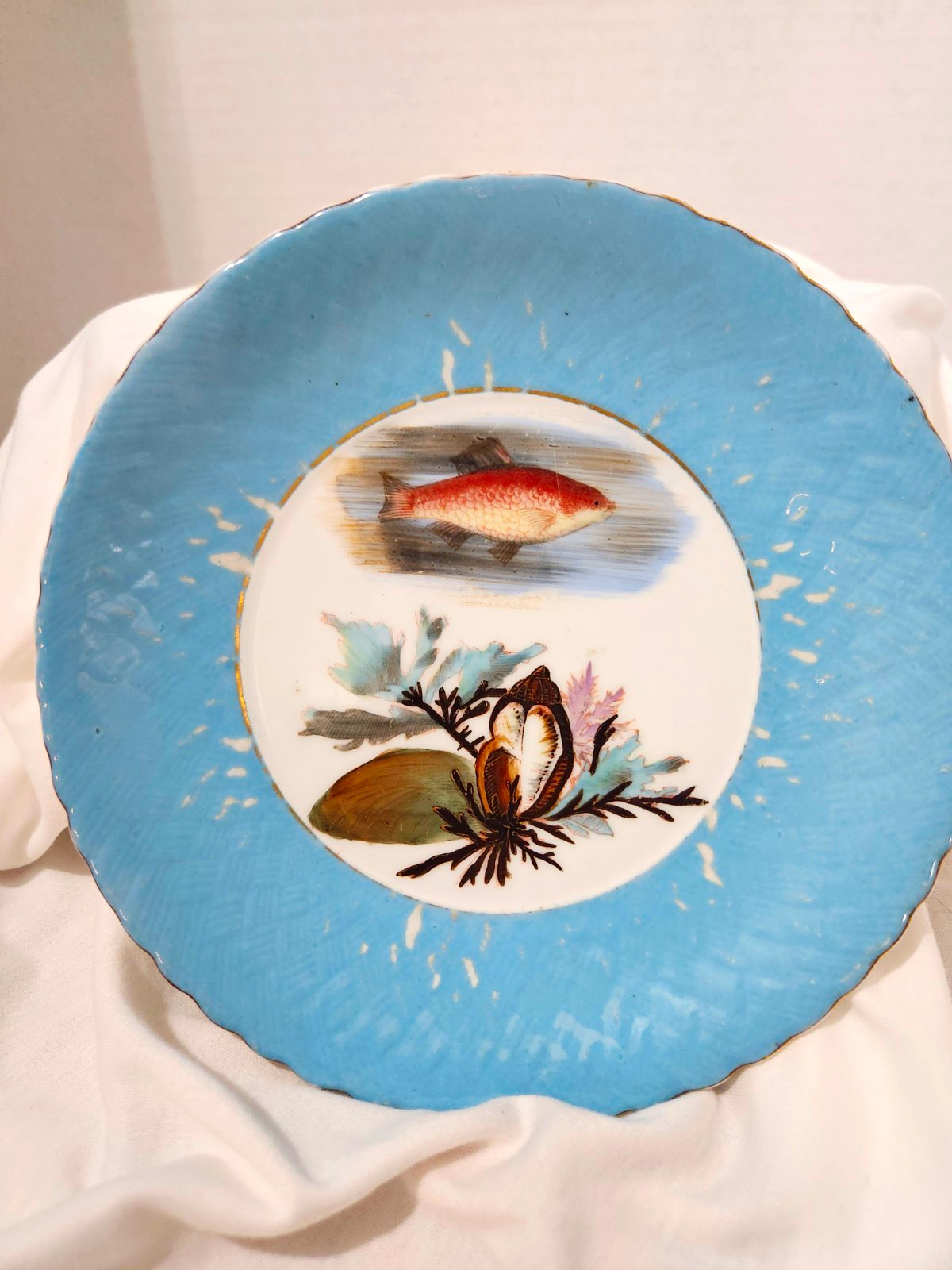 Antique Marx & Gutherz Carlsbad Fish Plate Blue Porcelain Scalloped C1891 8\