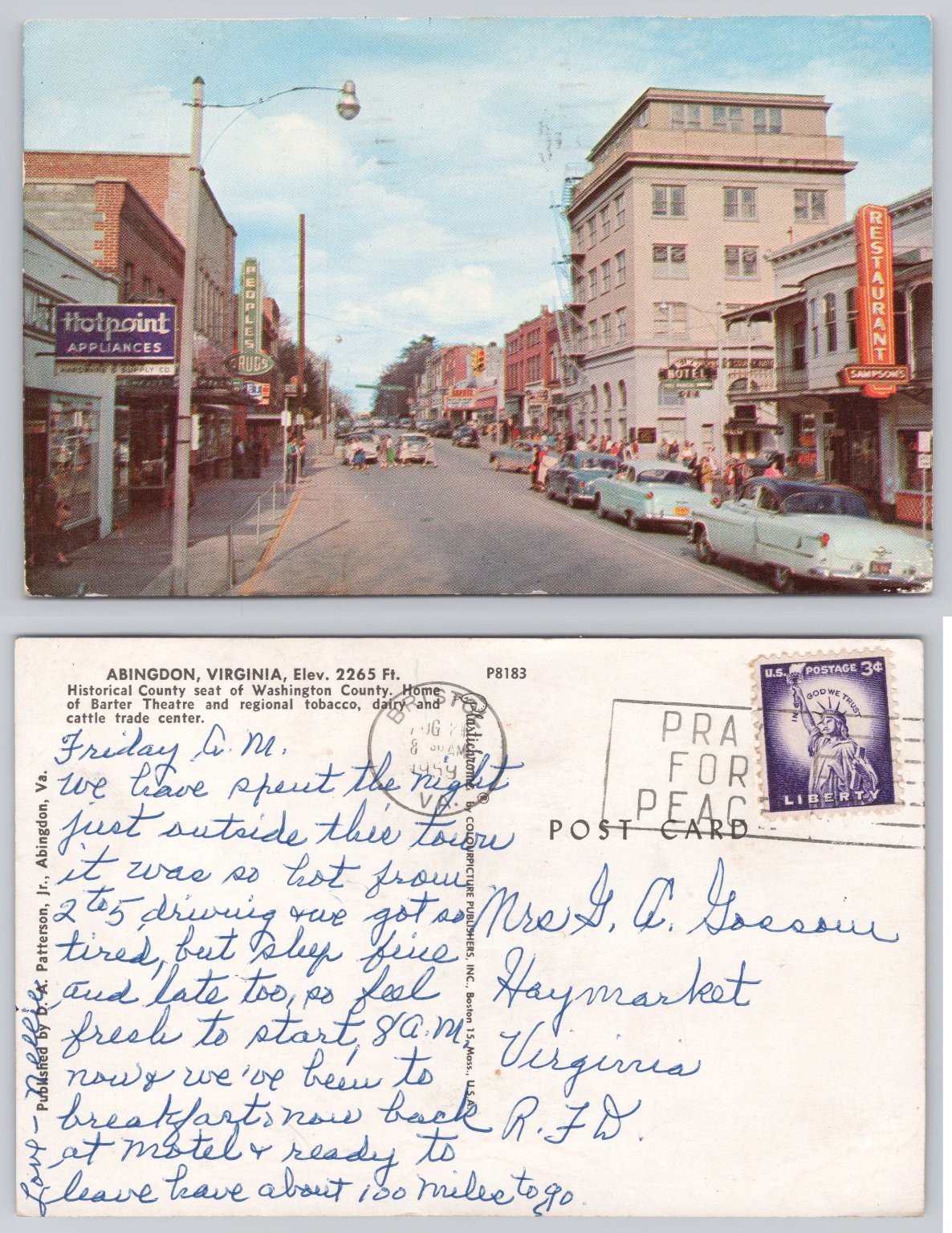 Abingdon Virginia Main Street 1954 Chrome Postcard Hotpoint Sampson\'s Restaurant
