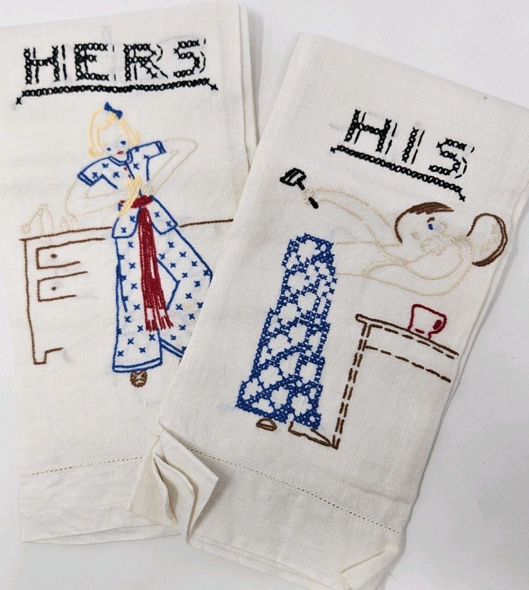 VTG 1950’s Hand Embroidered His & Hers Pure Linen Towels