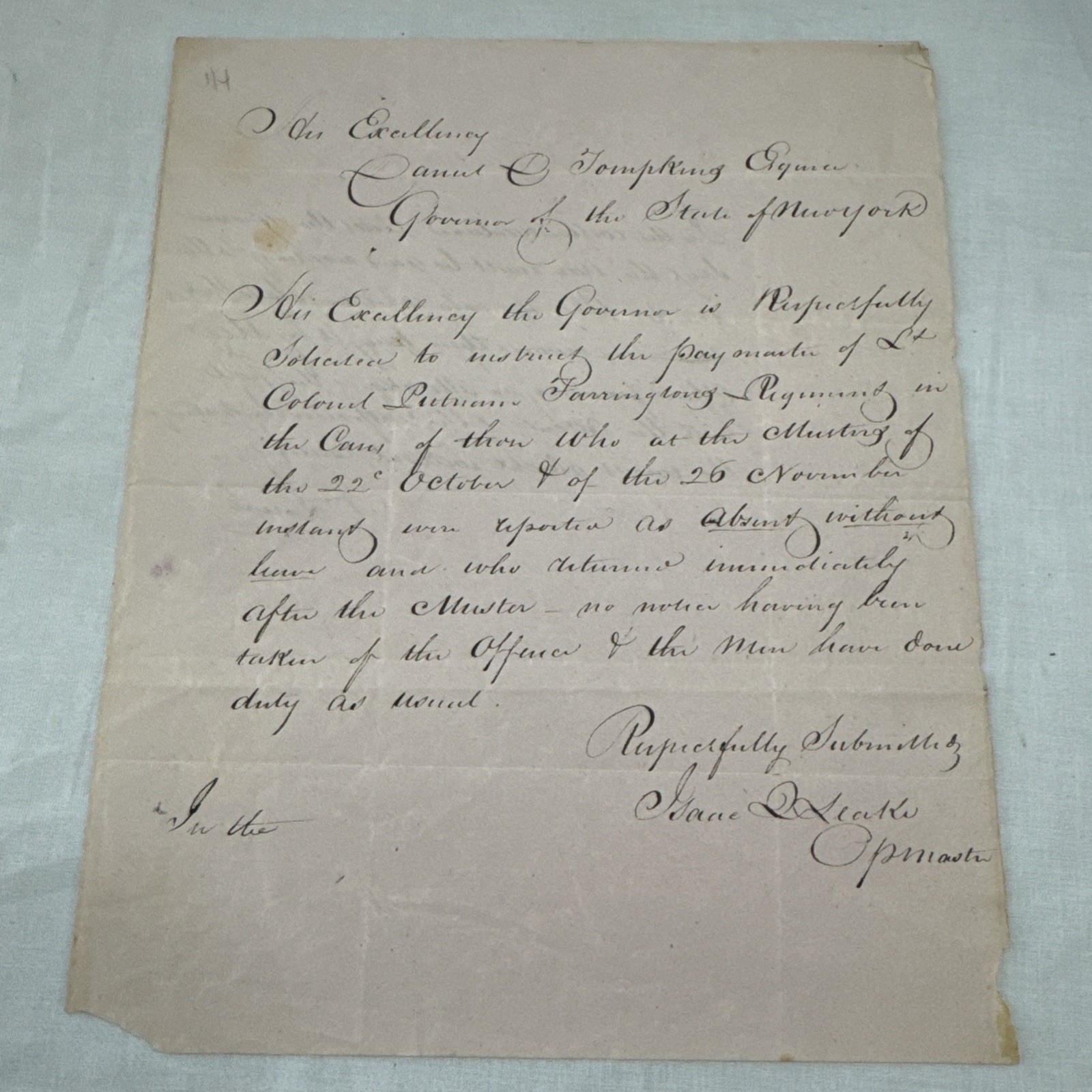 1814 Signed War of 1812 Letter NY Militia Governor Tompkins History Manuscript