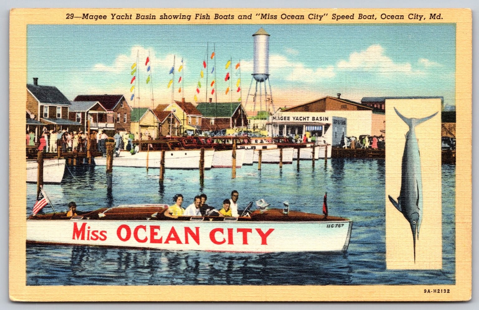 Vintage Ocean City MD Magee Yacht Basin Postcard Fish Boats 1940s AA106
