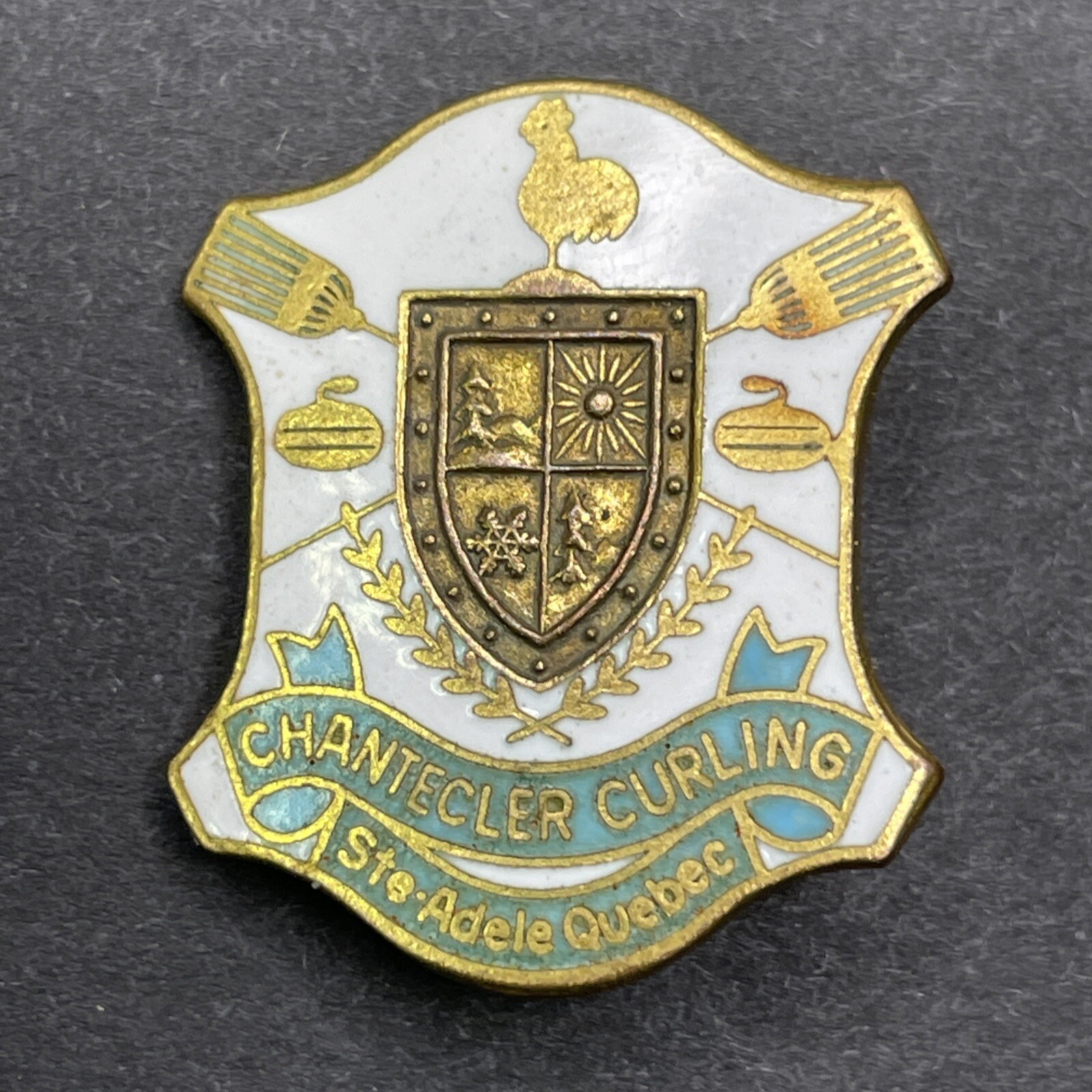 Chantecler Curling Club Pinback Button Ste-Adele Quebec approx. 1 inch 1950s Chantecler Curling Club Pinback Button Ste-Adele Quebec approx. 1 inch 1950s