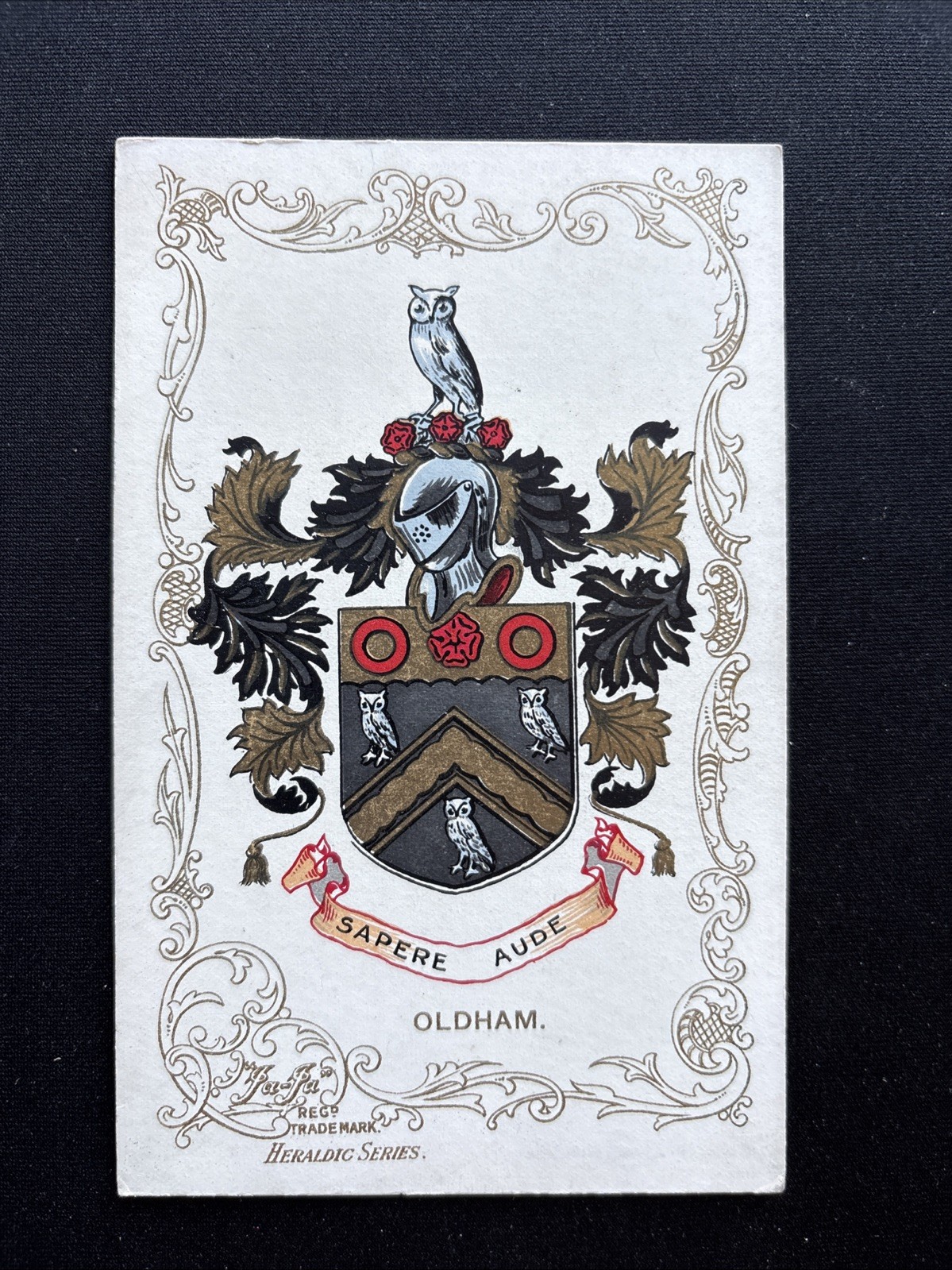Antique Oldham Sapere Aude Heraldic Crest Postcard Owls Chevron Shield 1900