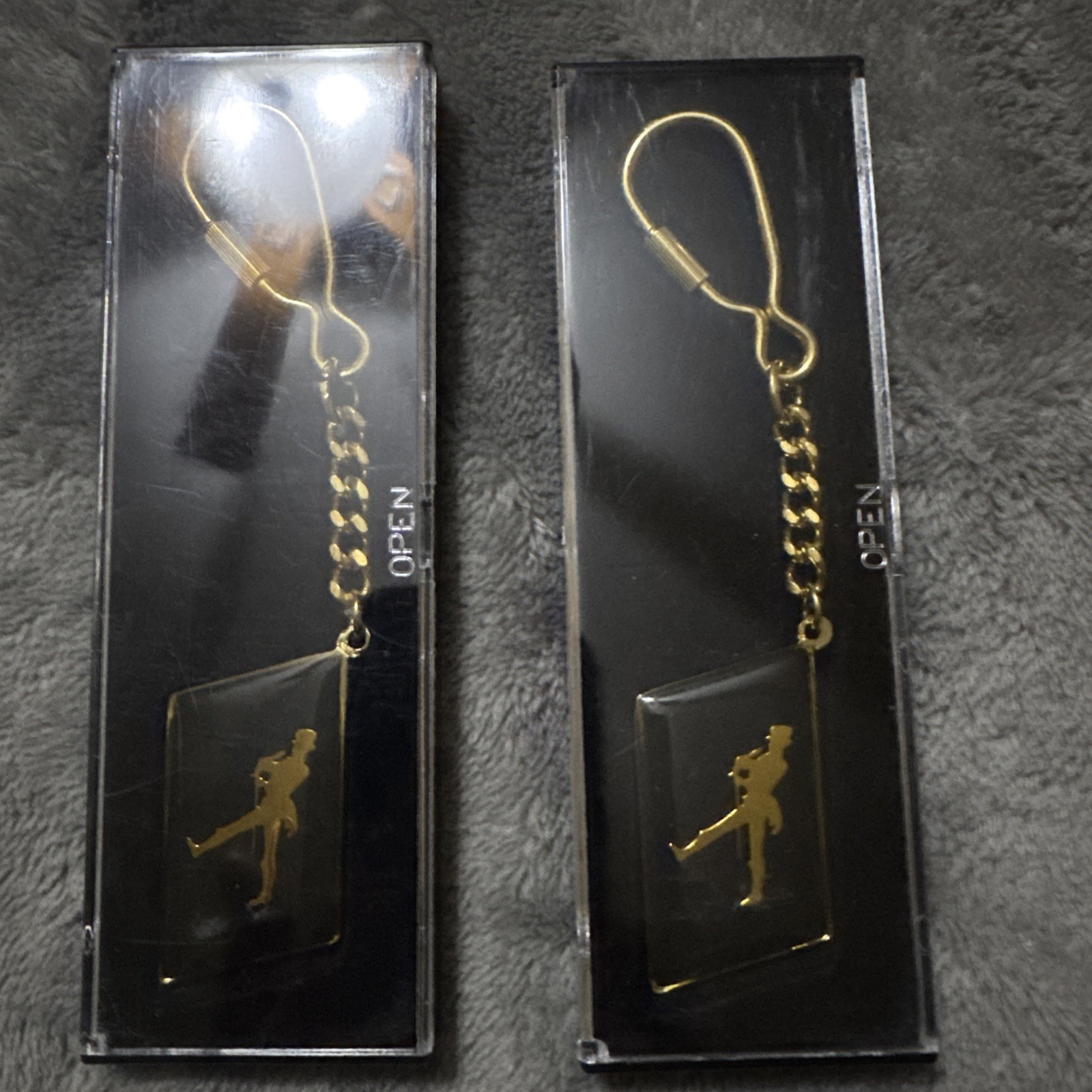 Vtg Johnnie Walker Black Label Keychain Pair Acrylic Striding Man Keyring NOS