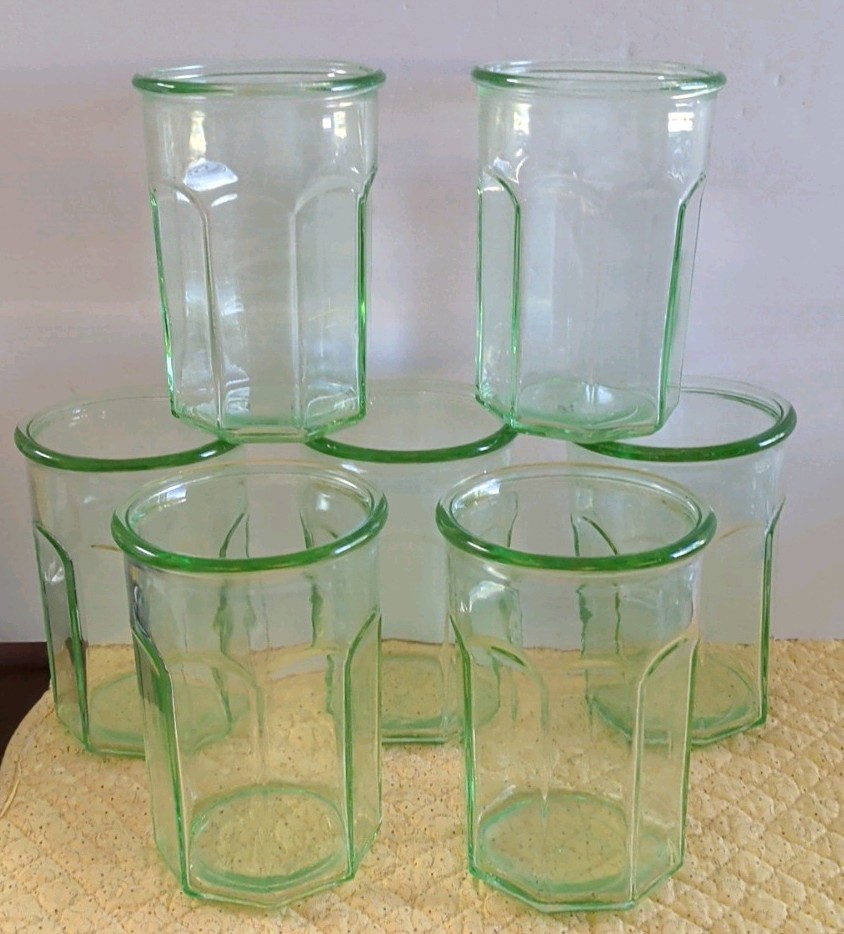 VTG Lot 7 Anchor Hocking Green Depression Glass 8 Panel Tumbler Glasses 20oz. 