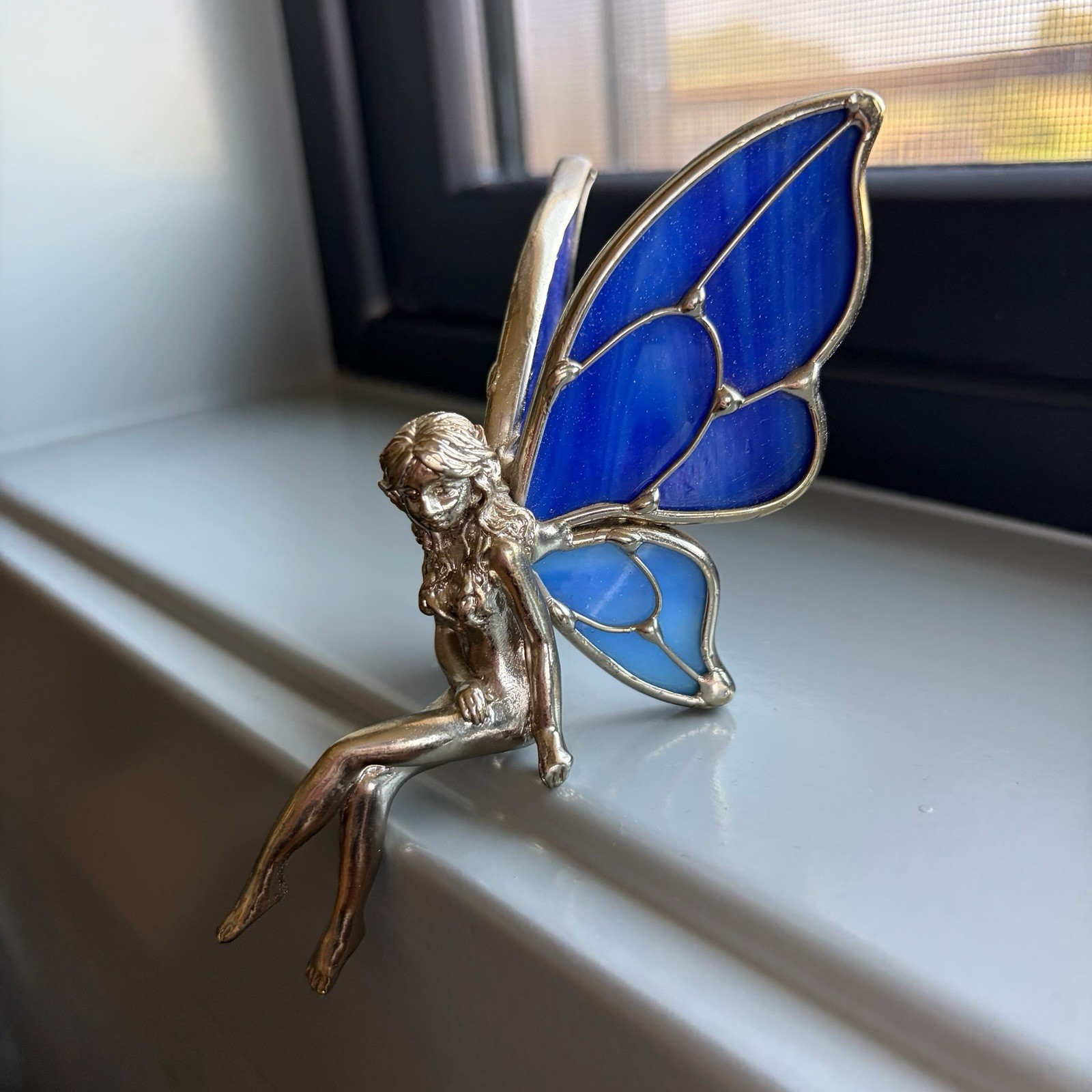 Vintage Fairy Pixie 4in Pewter Silver Tone Figure Stained Glass Wings